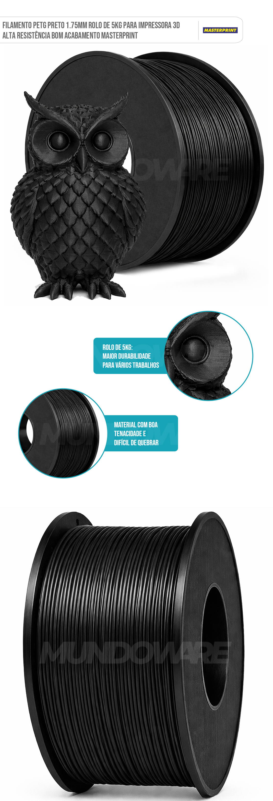 Filamento PETG Preto 1.75mm Rolo de 5KG Para Impressora 3D Alta Resistência Bom Acabamento Masterprint