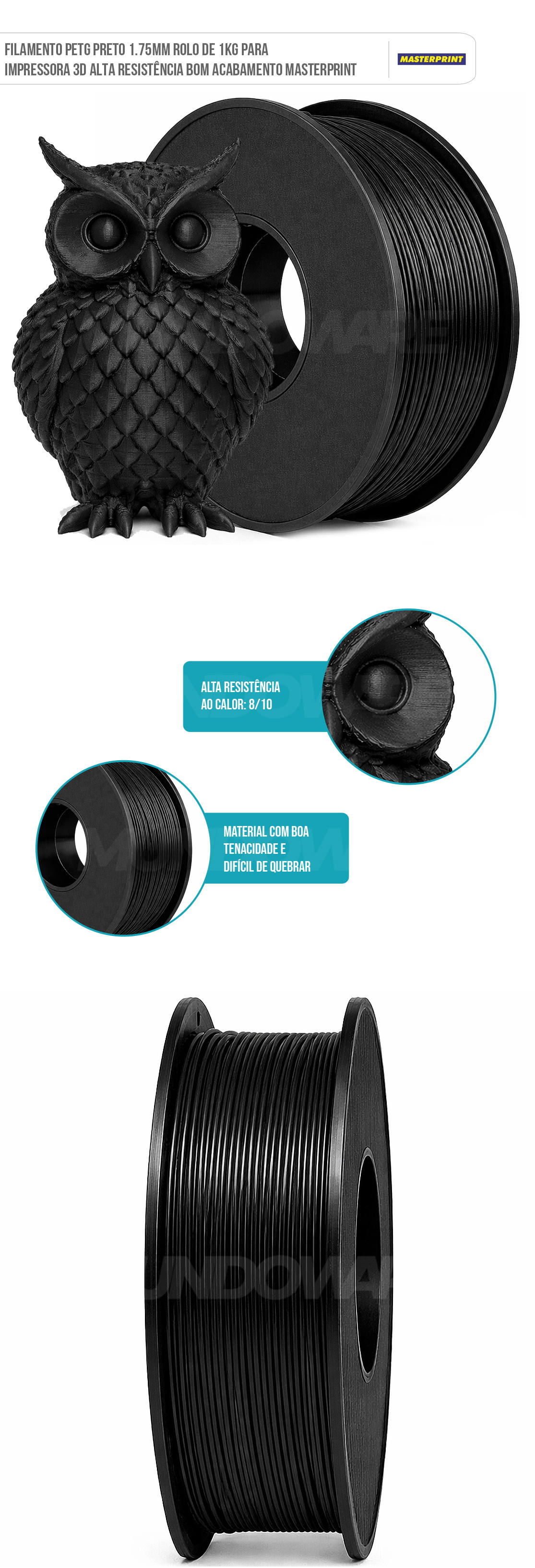 Filamento de Impressora 3D PETG Preto 1.75mm 1KG Alta Resistência Bom Acabamento Masterprint Filamento 3D