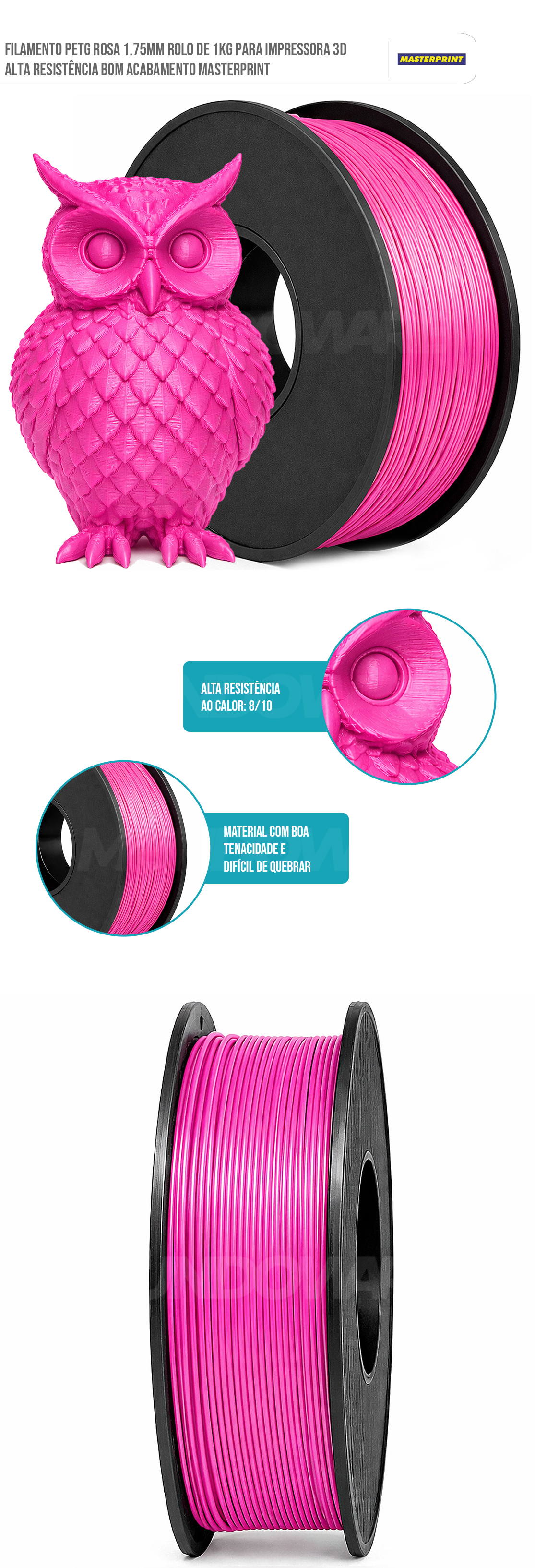 Filamento para Impressora 3D PETG Rosa 1.75mm 1KG Alta Resistência Bom Acabamento Masterprint Filamento 3D PETG Rosa 1.75mm 1KG para Impressora 3D Alta Resistência Bom Acabamento Masterprint