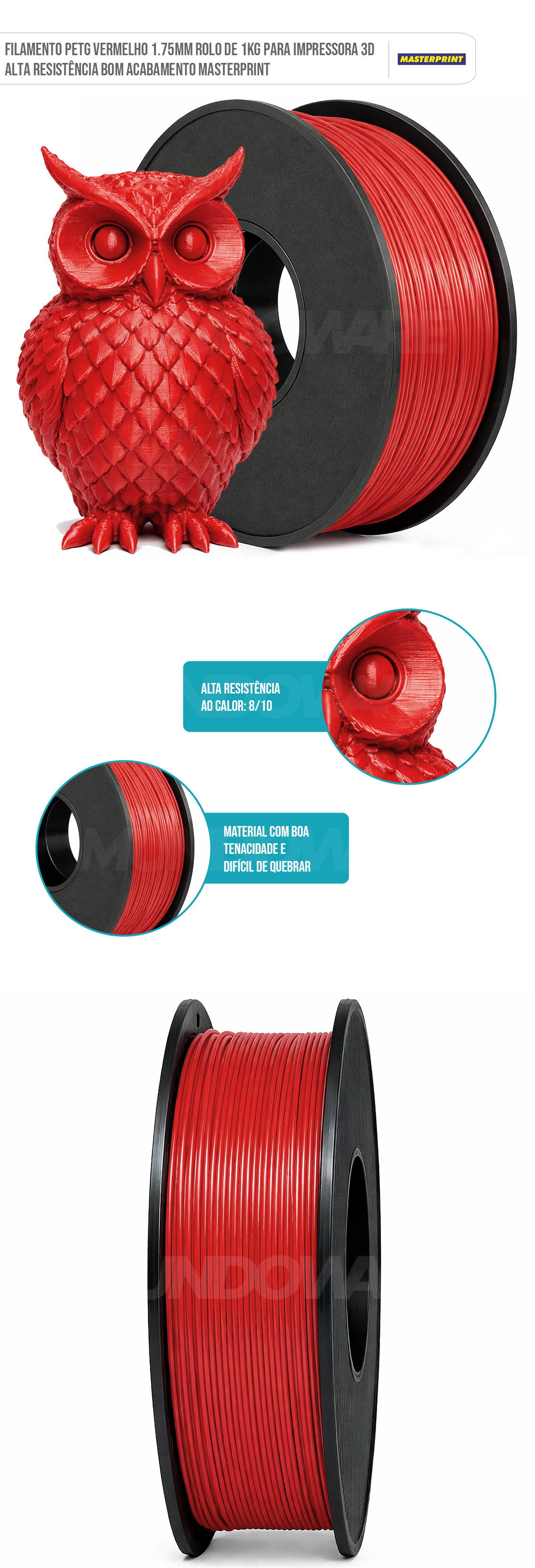 Filamento de Impressora 3D PETG Vermelho 1.75mm 1KG Alta Resistência Bom Acabamento Masterprint Filamento 3D