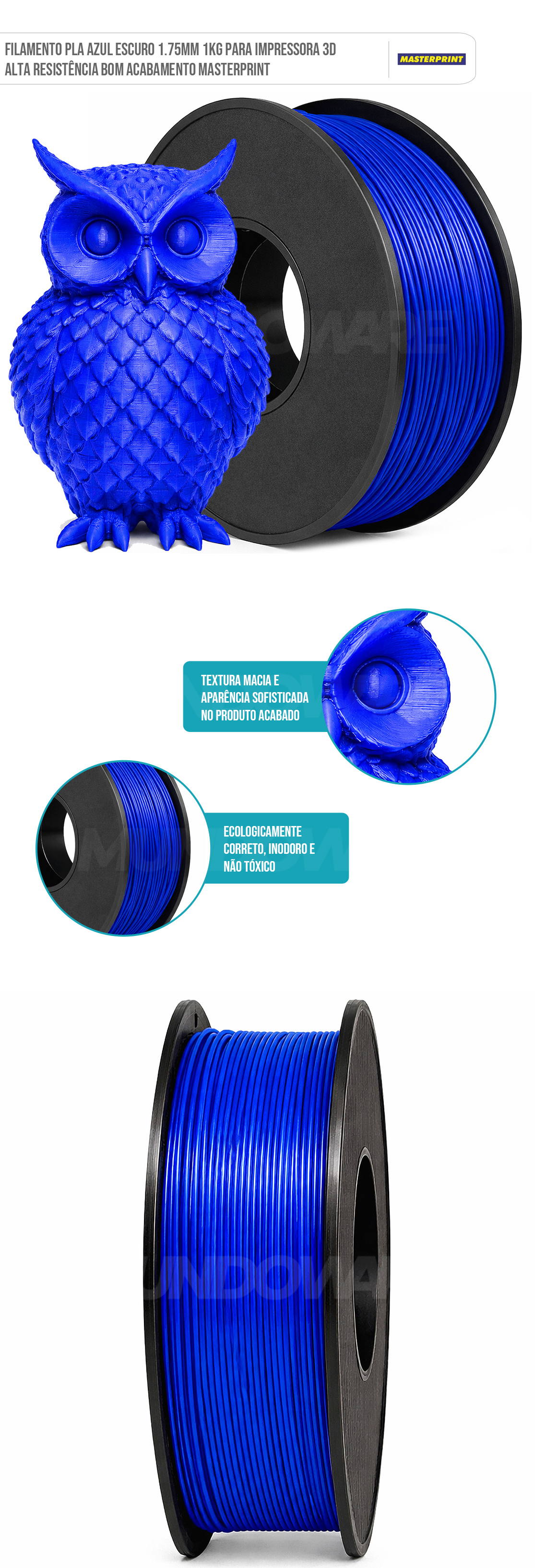 Filamento 3D PLA Azul Escuro 1.75mm 1KG para Impressora 3D Cor Brilhante Textura Macia Masterprint
