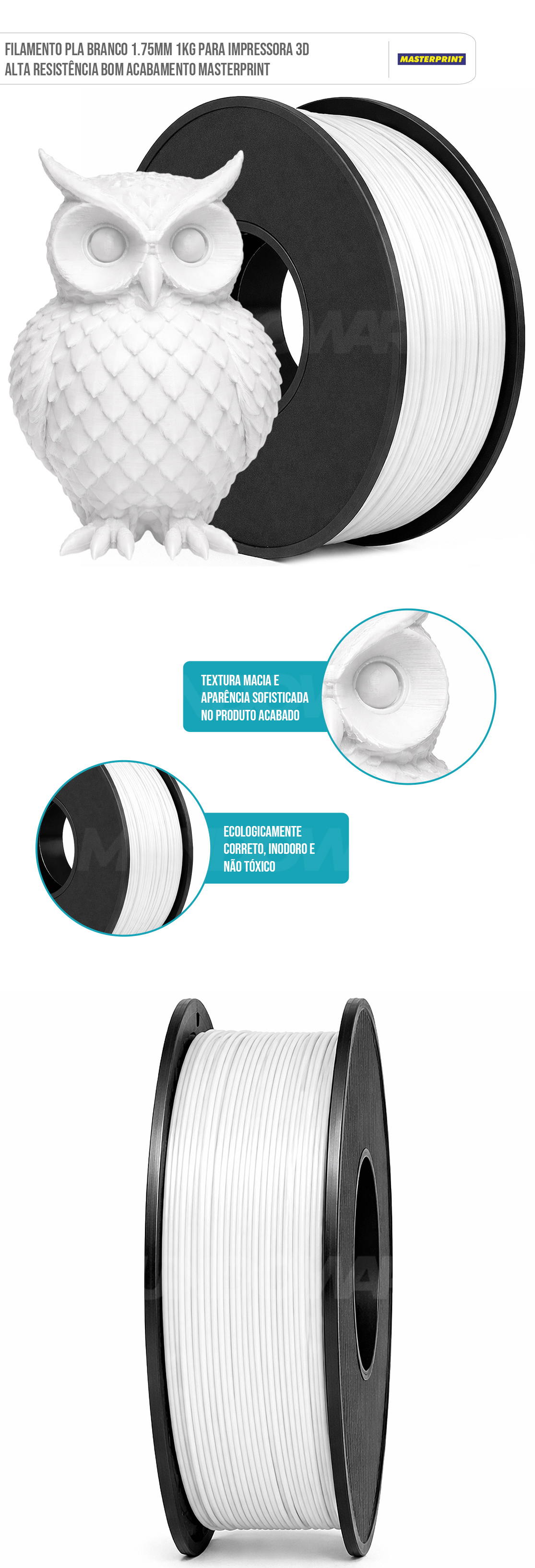 Filamento de Impressora 3D PLA Branco 1.75mm 1KG Fio Flexível Cor Brilhante Textura Macia Masterprint Filamento 3D