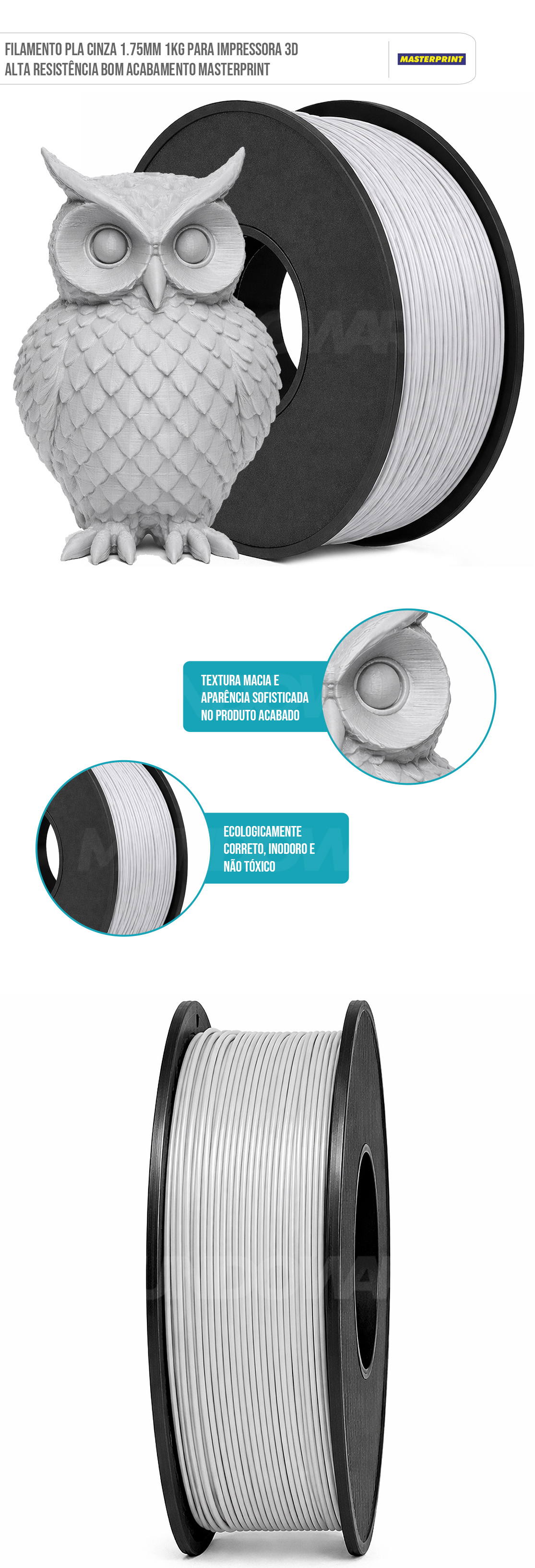 Filamento 3D PLA Cinza 1.75mm 1KG Fio Flexível Cor Brilhante Textura Macia Masterprint Filamento de Impressão 3D Filamento de Impressora 3D PLA Cinza 1.75mm 1KG Fio Flexível Cor Brilhante Textura Macia Masterprint Filamento 3D