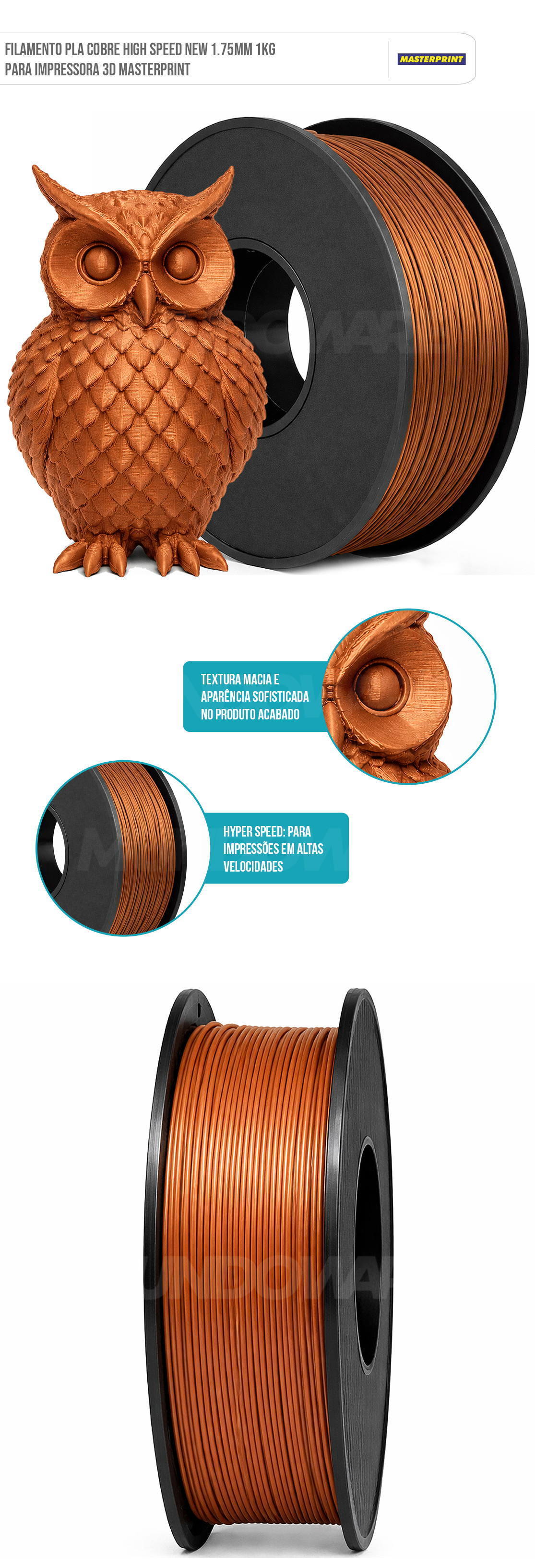 Filamento PLA Cobre High Speed New 1.75mm 1kg para Impressora 3D Masterprint