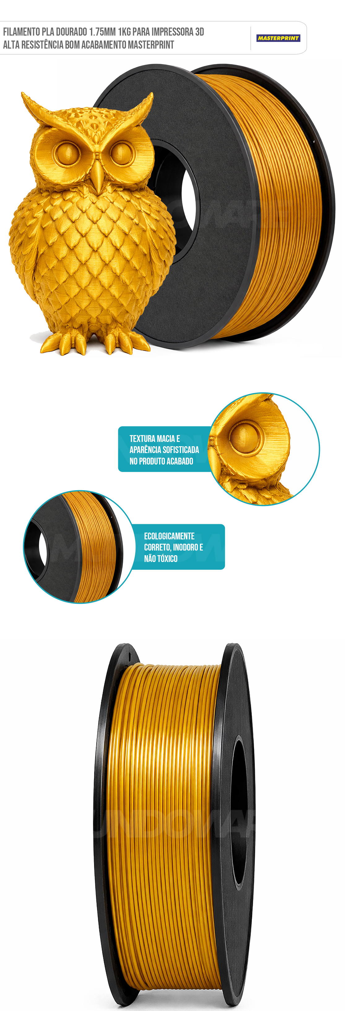 Filamento de Impressora 3D PLA Dourado 1.75mm 1KG Fio Flexível Cor Brilhante Textura Macia Masterprint Filamento 3D