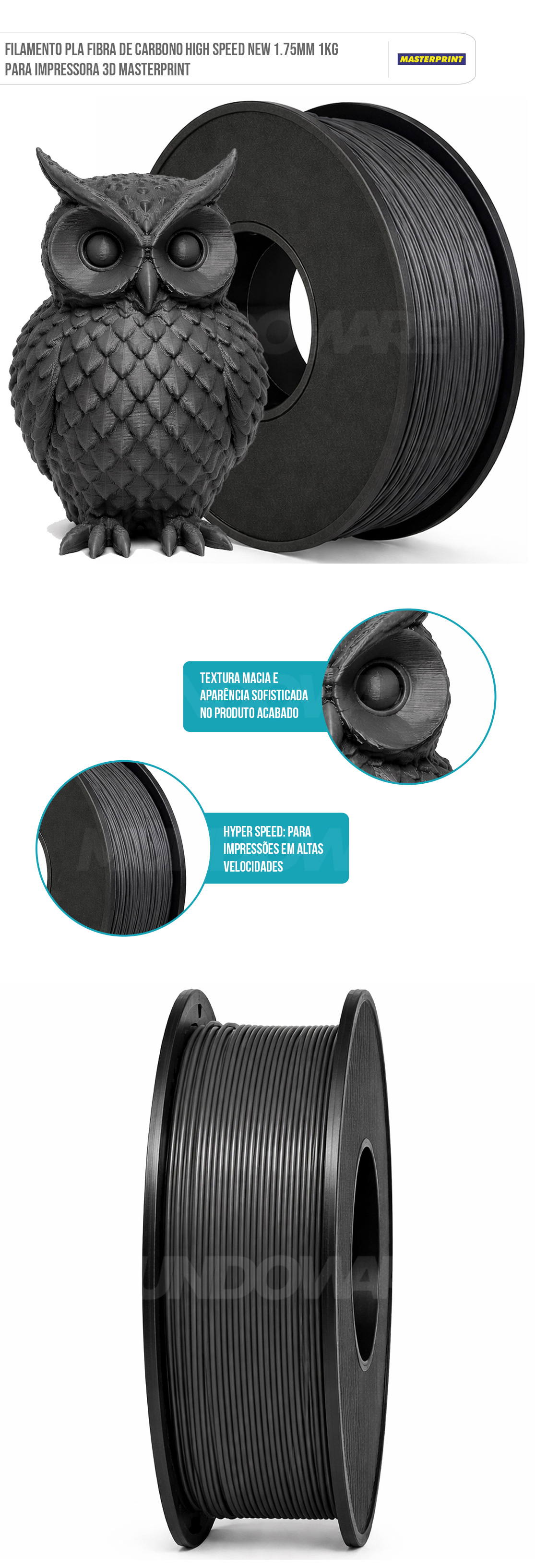 Filamento PLA Fibra de Carbono High Speed New 1.75mm 1kg para Impressora 3D Masterprint