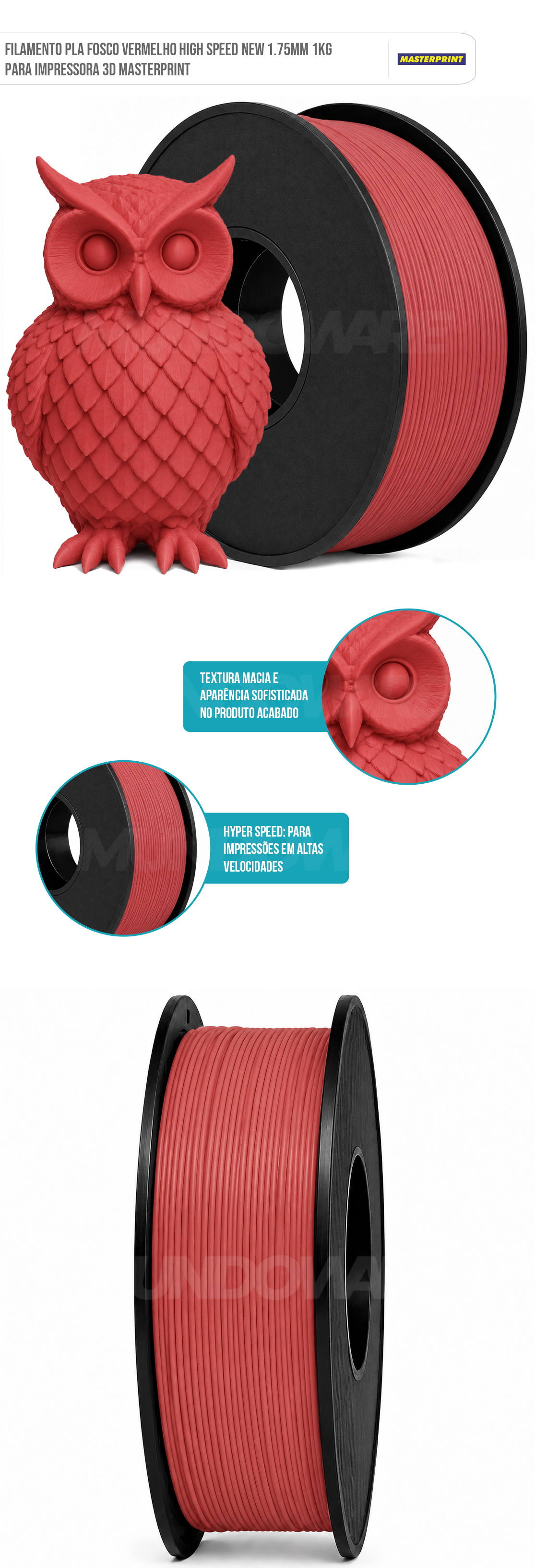 Filamento PLA Fosco Vermelho High Speed New 1.75mm 1kg para Impressora 3D Masterprint