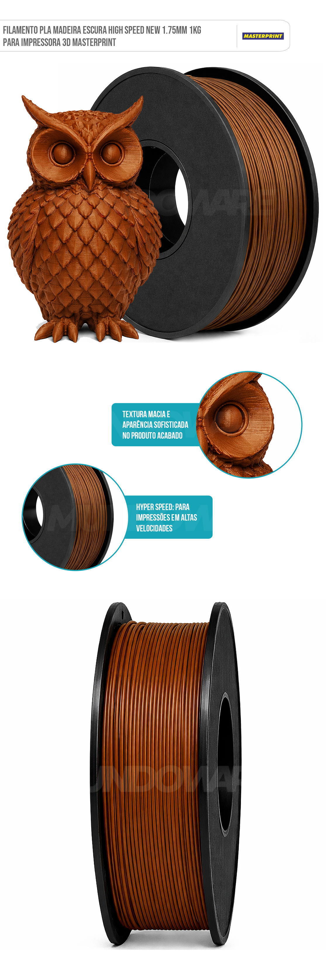 Filamento PLA Madeira Escura High Speed New 1.75mm 1kg para Impressora 3D Masterprint