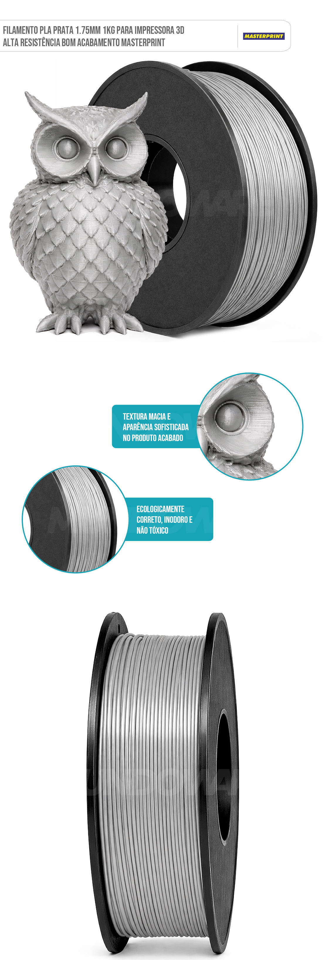 Filamento 3D PLA Prata 1.75mm 1KG para Impressora 3D Cor Brilhante Textura Macia Masterprint