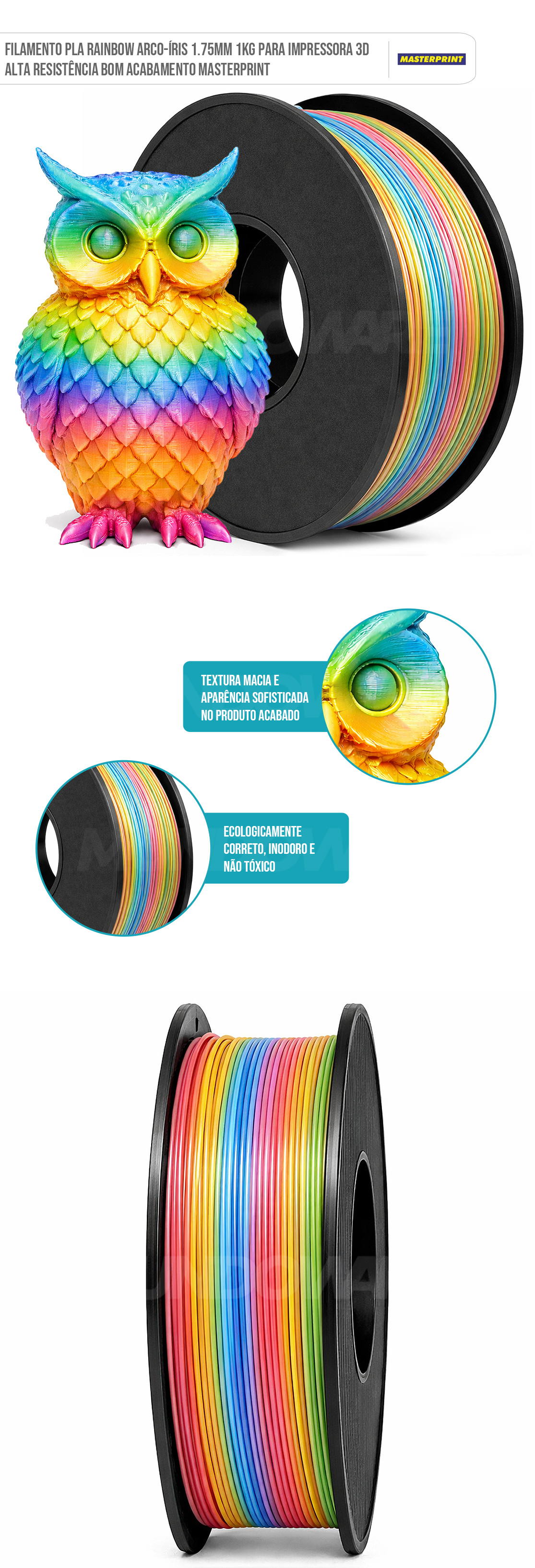 Filamento 3D PLA Rainbow 1.75mm 1KG para Impressora 3D Cor Brilhante Textura Macia Masterprint
