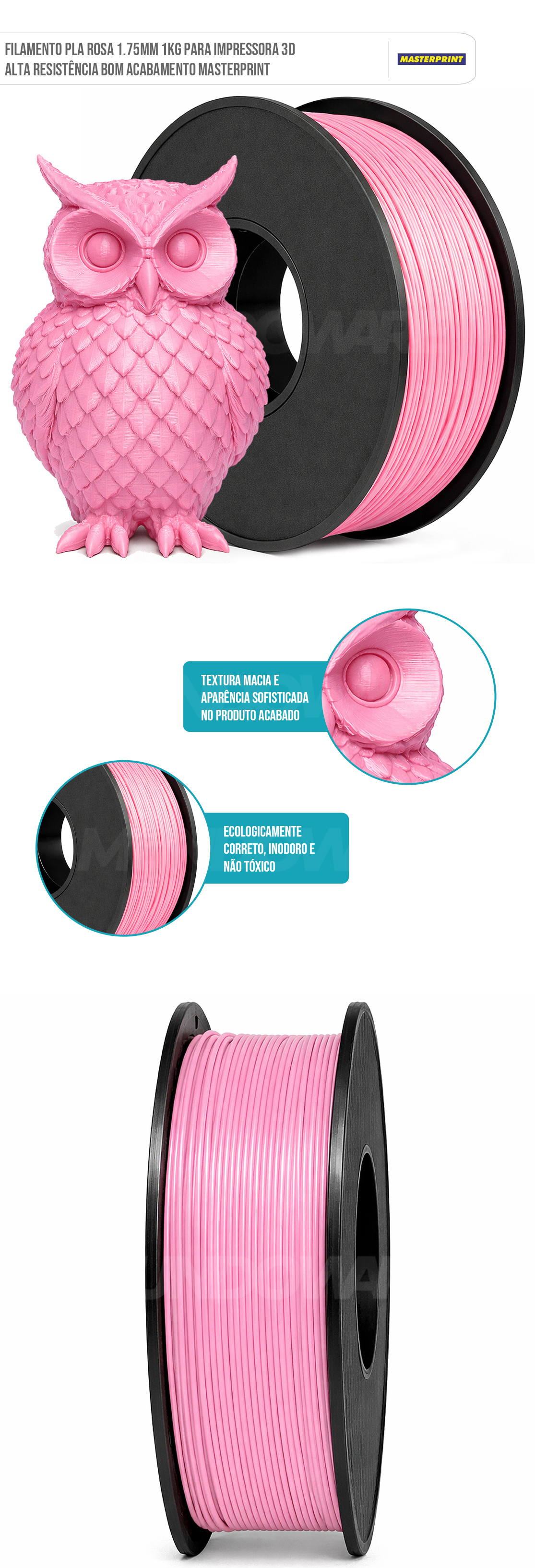 Filamento para Impressora 3D PLA Rosa 1.75mm 1KG Cor Brilhante Textura Macia Masterprint Filamento 3D PLA Rosa 1.75mm 1KG para Impressora 3D Cor Brilhante Textura Macia Masterprint