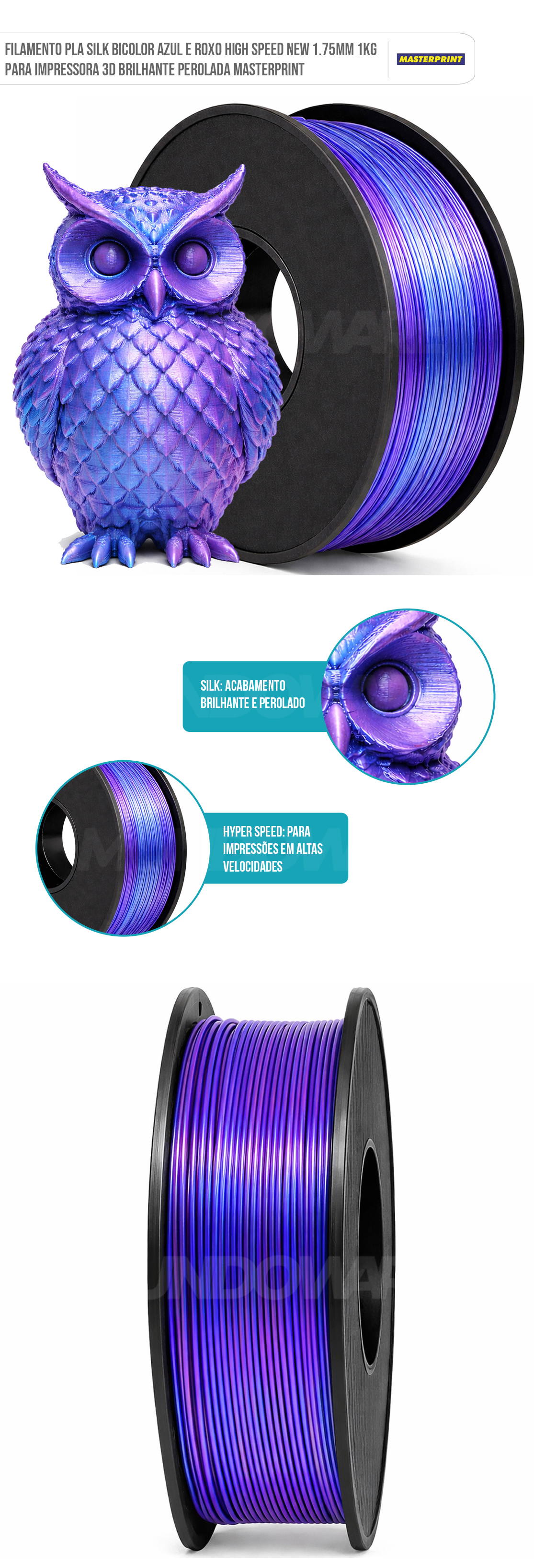 Filamento PLA Silk Azul Roxo High Speed New 1.75mm 1kg para Impressora 3D Brilhante Perolada Masterprint