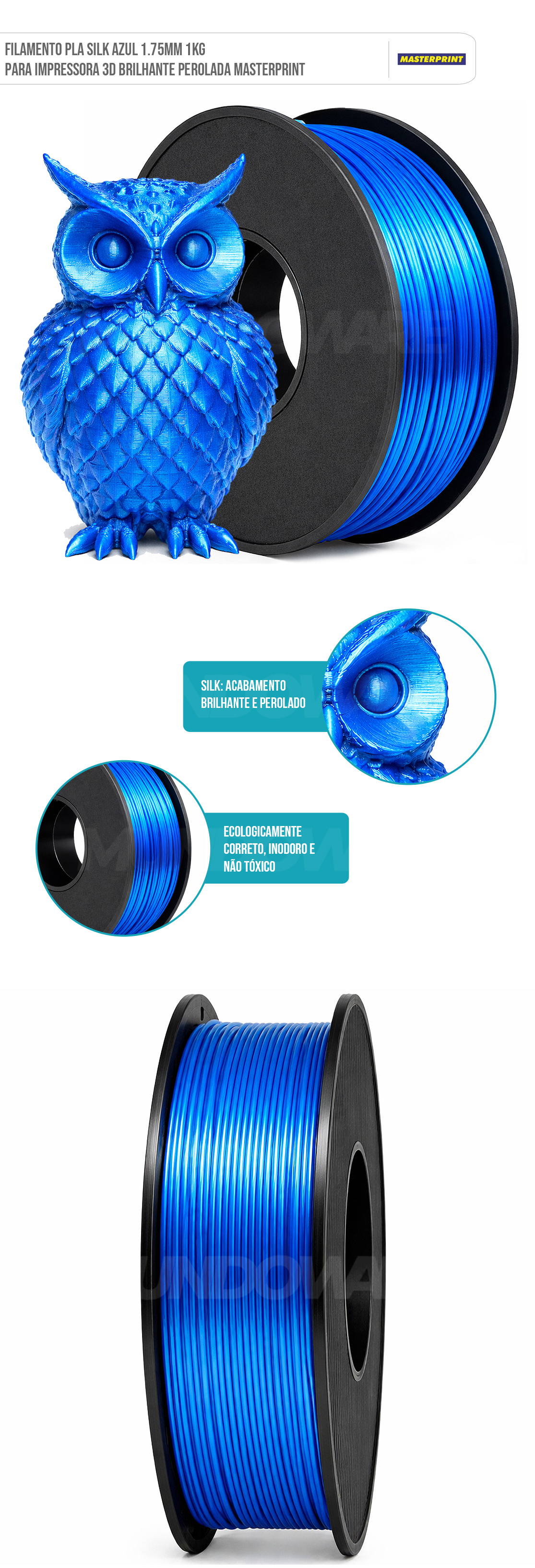 Filamento 3D PLA Silk Azul 1.75mm 1KG para Impressora 3D Cor Brilhante Textura Macia Masterprint