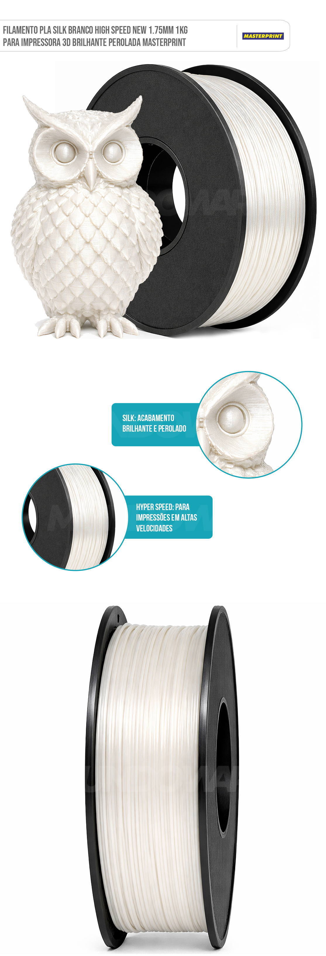 Filamento PLA Silk Branco High Speed New 1.75mm 1kg para Impressora 3D Brilhante Perolada Masterprint