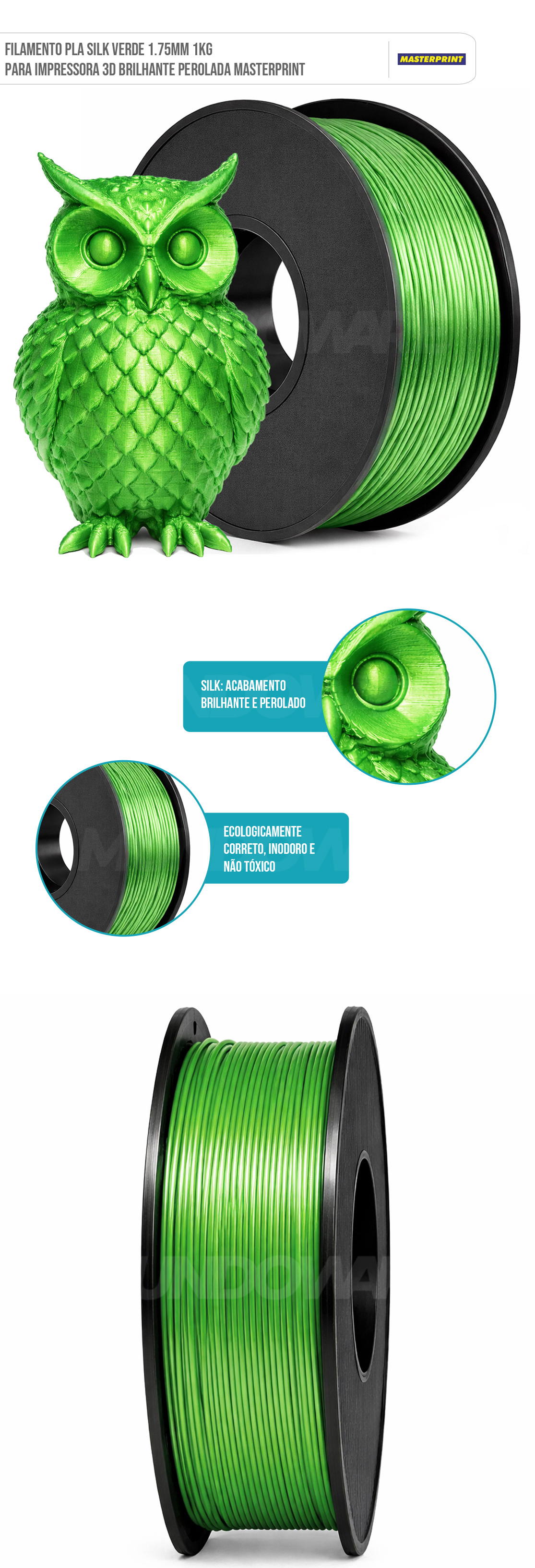 Filamento 3D PLA Silk Verde 1.75mm 1KG para Impressora 3D Cor Brilhante Textura Macia Masterprint