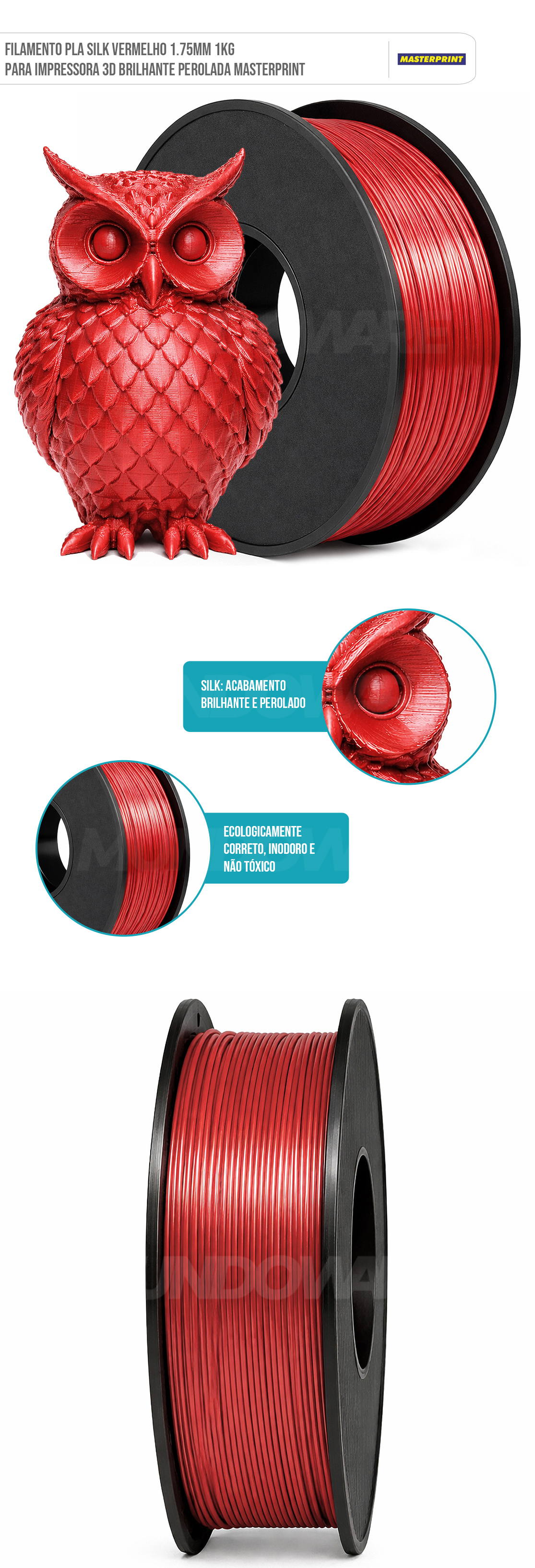 Filamento 3D PLA Silk Vermelho 1.75mm 1KG para Impressora 3D Cor Brilhante Textura Macia Masterprint