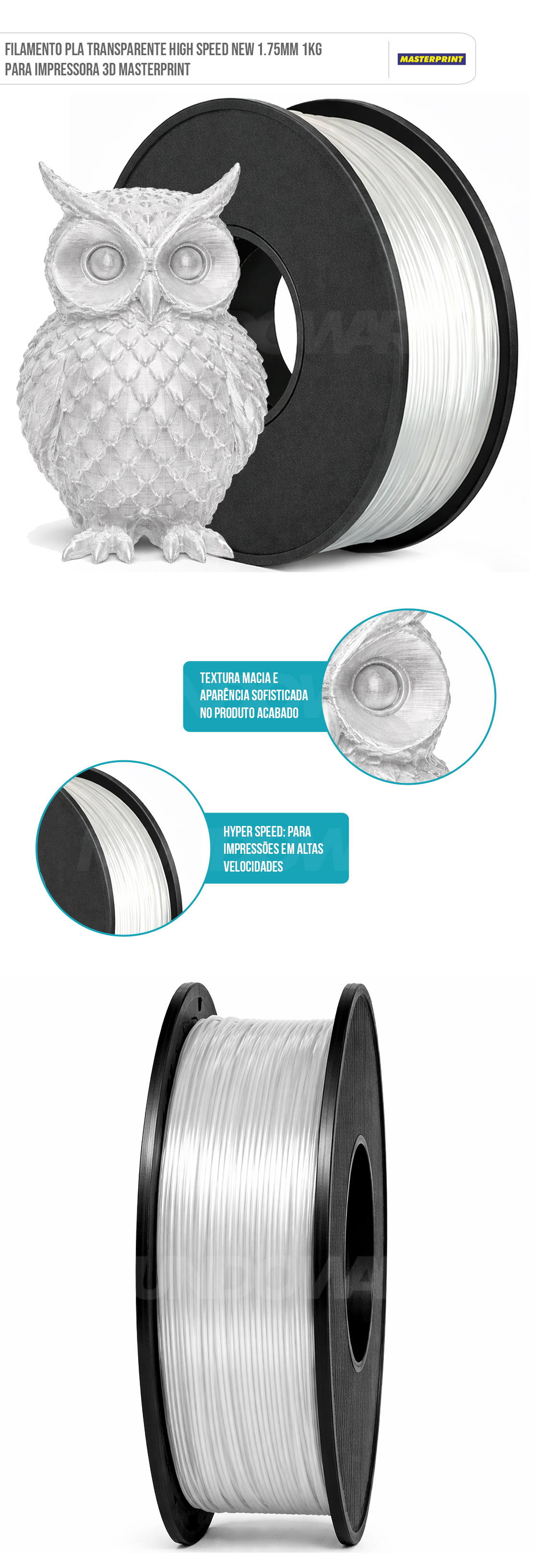 Filamento PLA Transparente High Speed New 1.75mm 1kg para Impressora 3D Masterprint