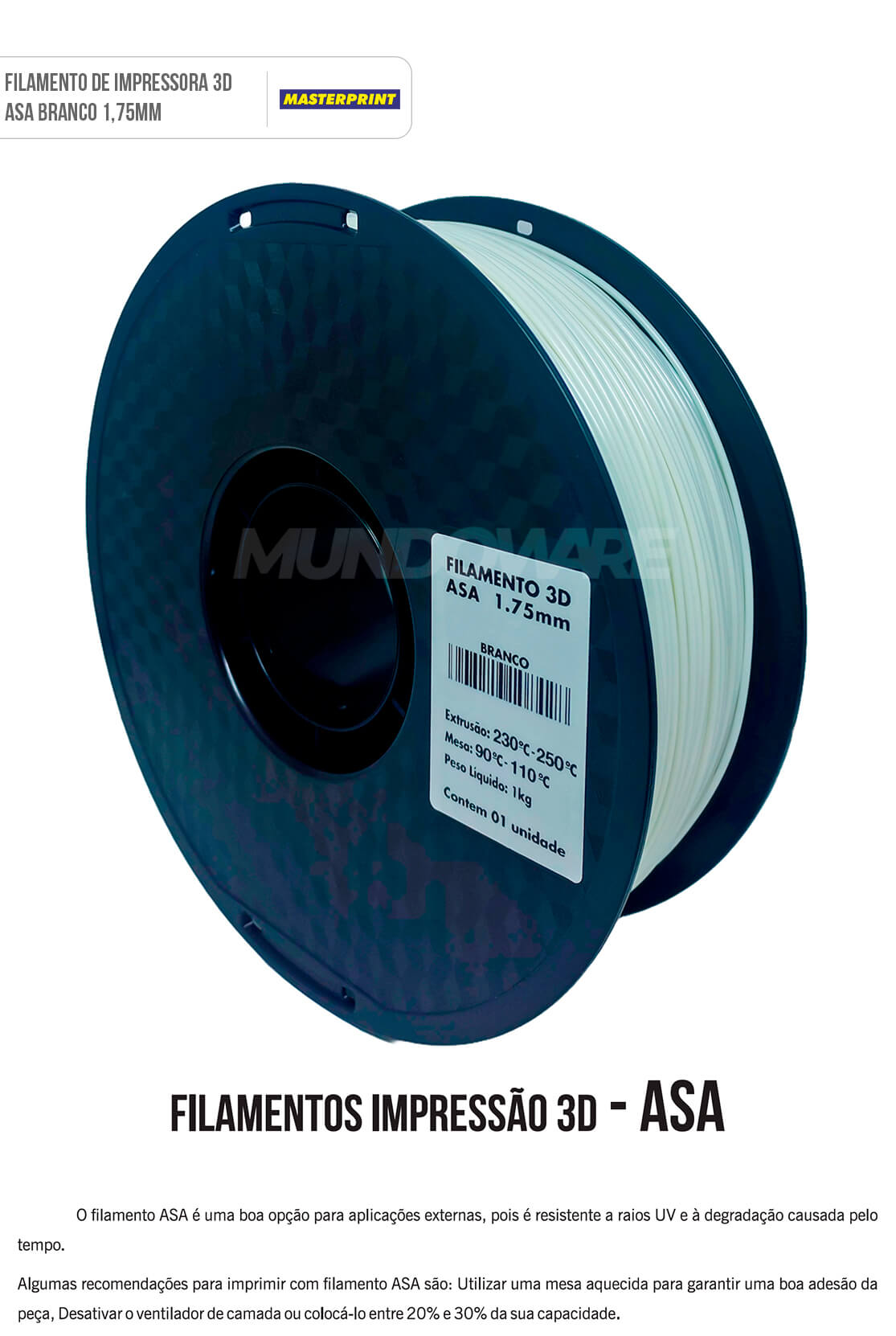 Filamento ASA 3D Branco 1.75mm Rolo de 1KG Resistência para Aplicações Externas Filamento para Impressora 3D Masterprint Filamento 3D ASA Branco 1.75mm Rolo de 1KG Resistência para Aplicações Externas Filamento para Impressora 3D Masterprint