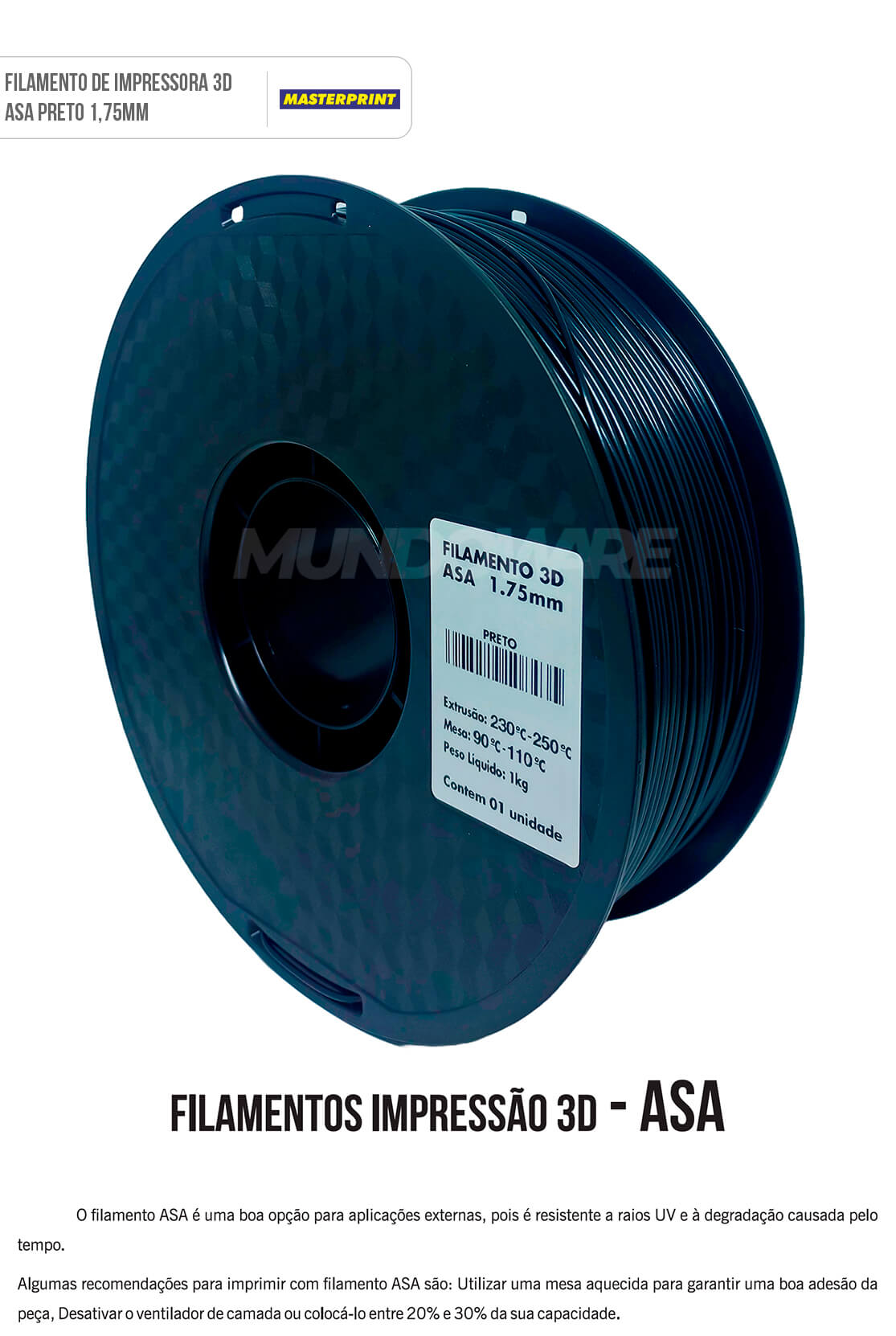 Filamento ASA 3D Preto 1.75mm Rolo de 1KG Resistência para Aplicações Externas Filamento para Impressora 3D Masterprint Filamento 3D ASA Preto 1.75mm Rolo de 1KG Resistência para Aplicações Externas Filamento para Impressora 3D Masterprint