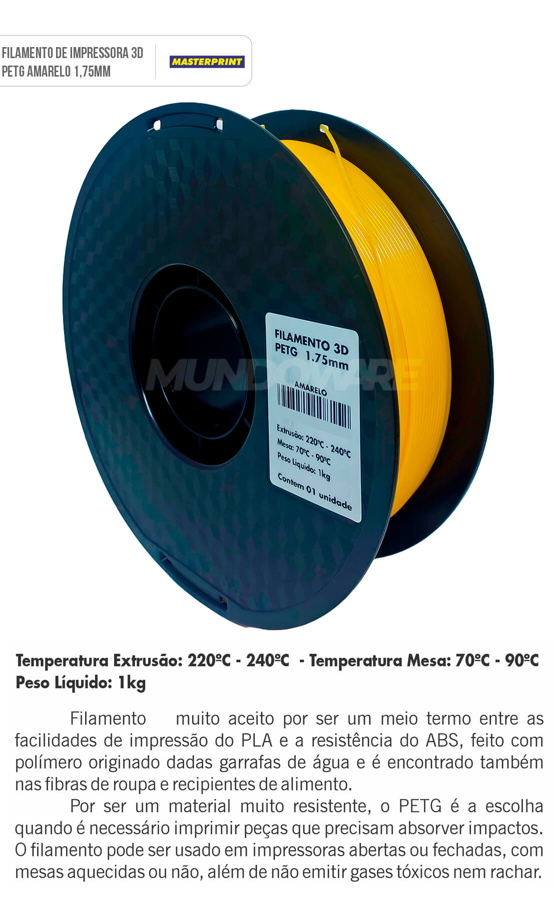 Filamento PETG Amarelo 1.75mm Rolo de 1KG Alta Resistência Bom Acabamento para Impressora 3D Masterprint Filamento 3D PETG Amarelo 1.75mm Rolo de 1KG Alta Resistência Bom Acabamento para Impressora 3D Masterprint