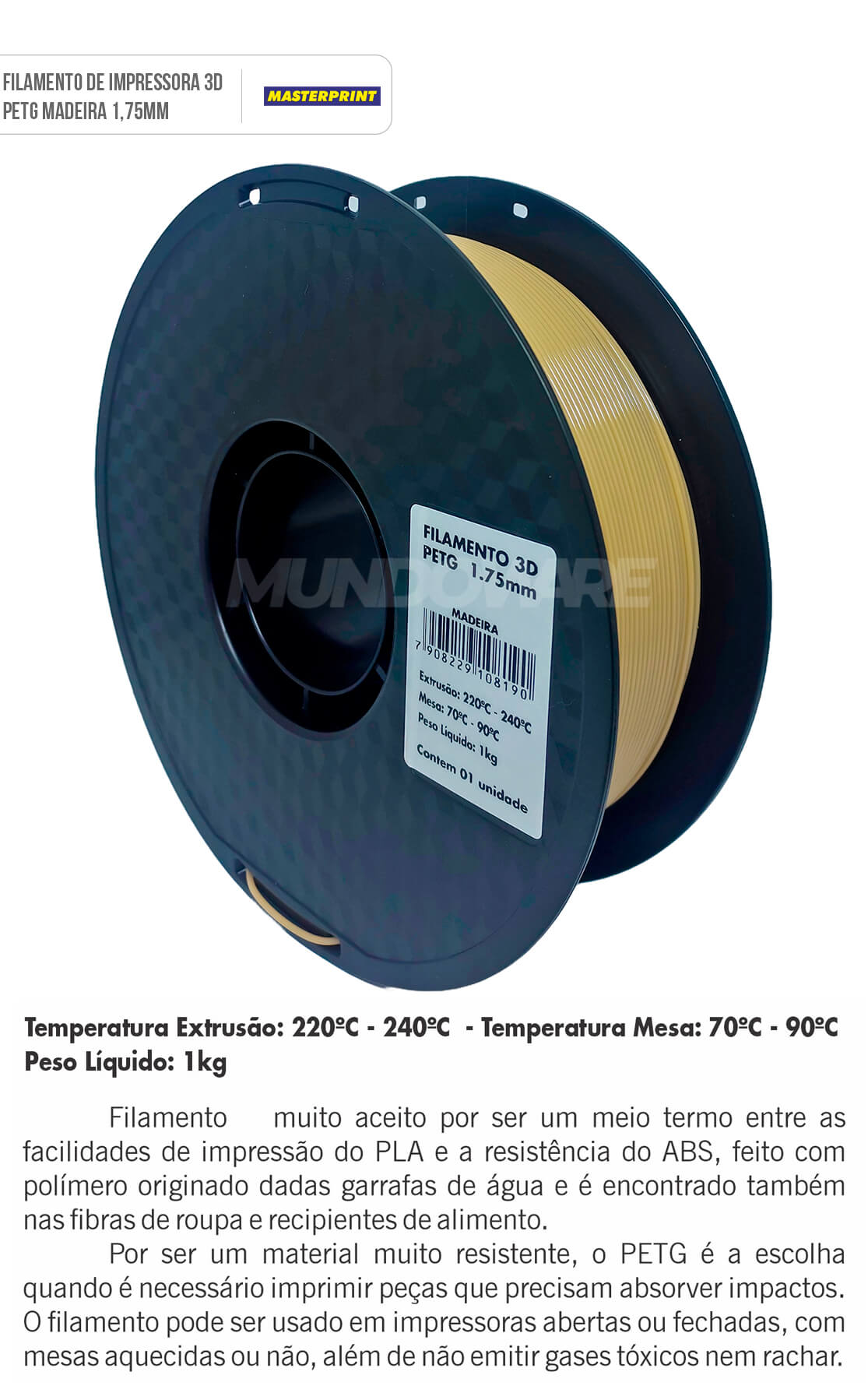 Filamento PETG Madeira 1.75mm Rolo de 1KG Alta Resistência Bom Acabamento para Impressora 3D Masterprint Filamento 3D PETG Madeira 1.75mm Rolo de 1KG Alta Resistência Bom Acabamento para Impressora 3D Masterprint