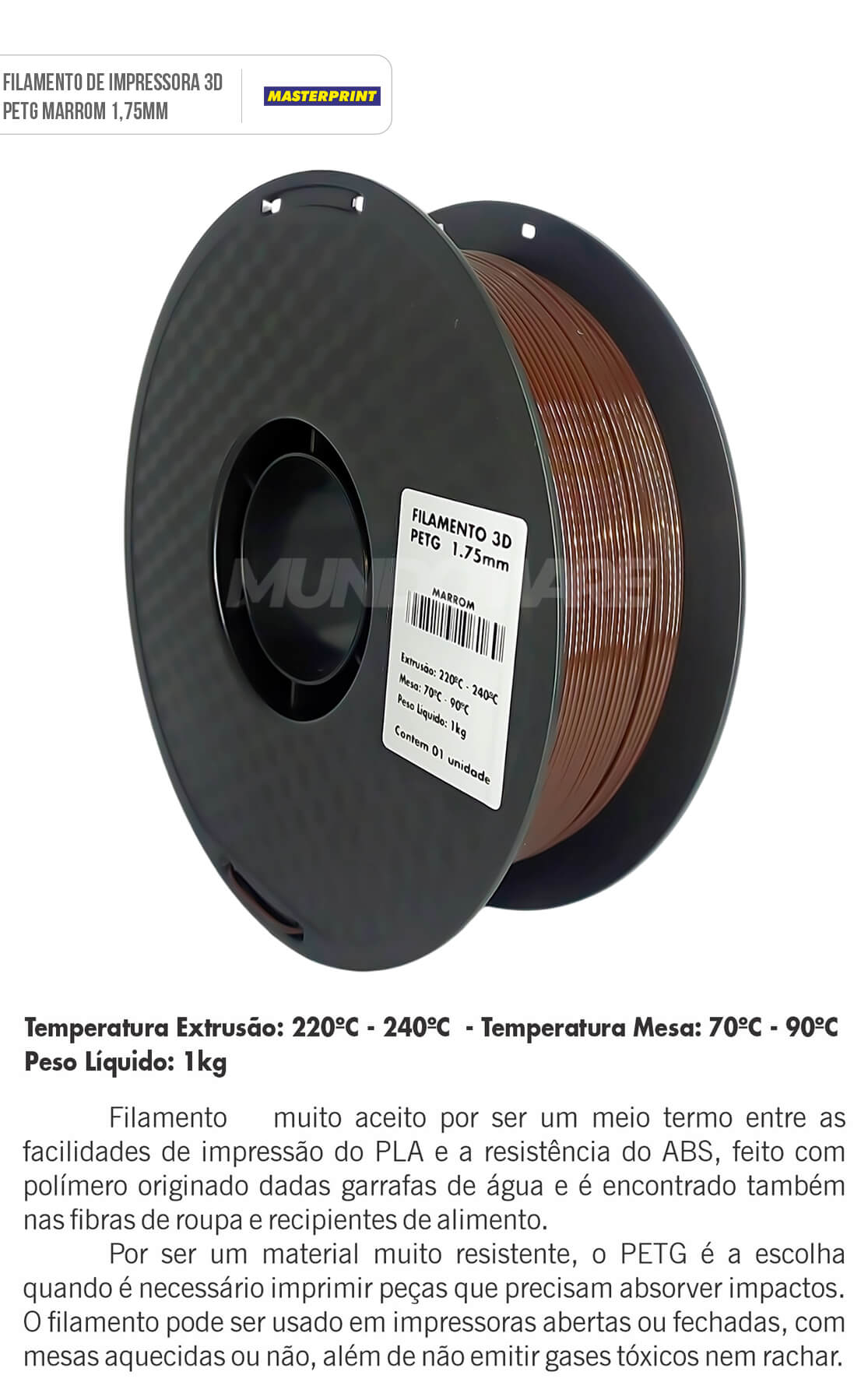 Filamento PETG Marrom 1.75mm Rolo de 1KG Alta Resistência Bom Acabamento para Impressora 3D Masterprint Filamento 3D PETG Marrom 1.75mm Rolo de 1KG Alta Resistência Bom Acabamento para Impressora 3D Masterprint