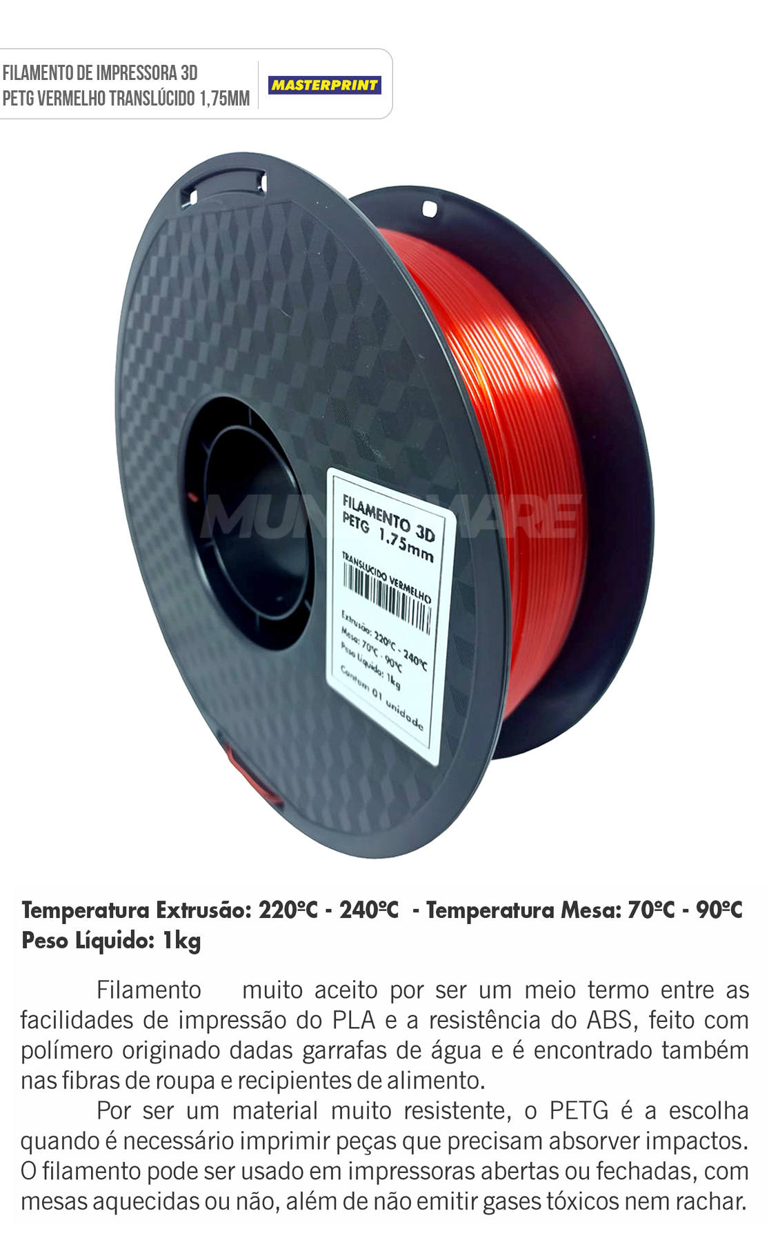 Filamento 3D PETG Vermelho Translcido 1.75mm 1KG para Impressora 3D Alta Resistncia Bom Acabamento Masterprint