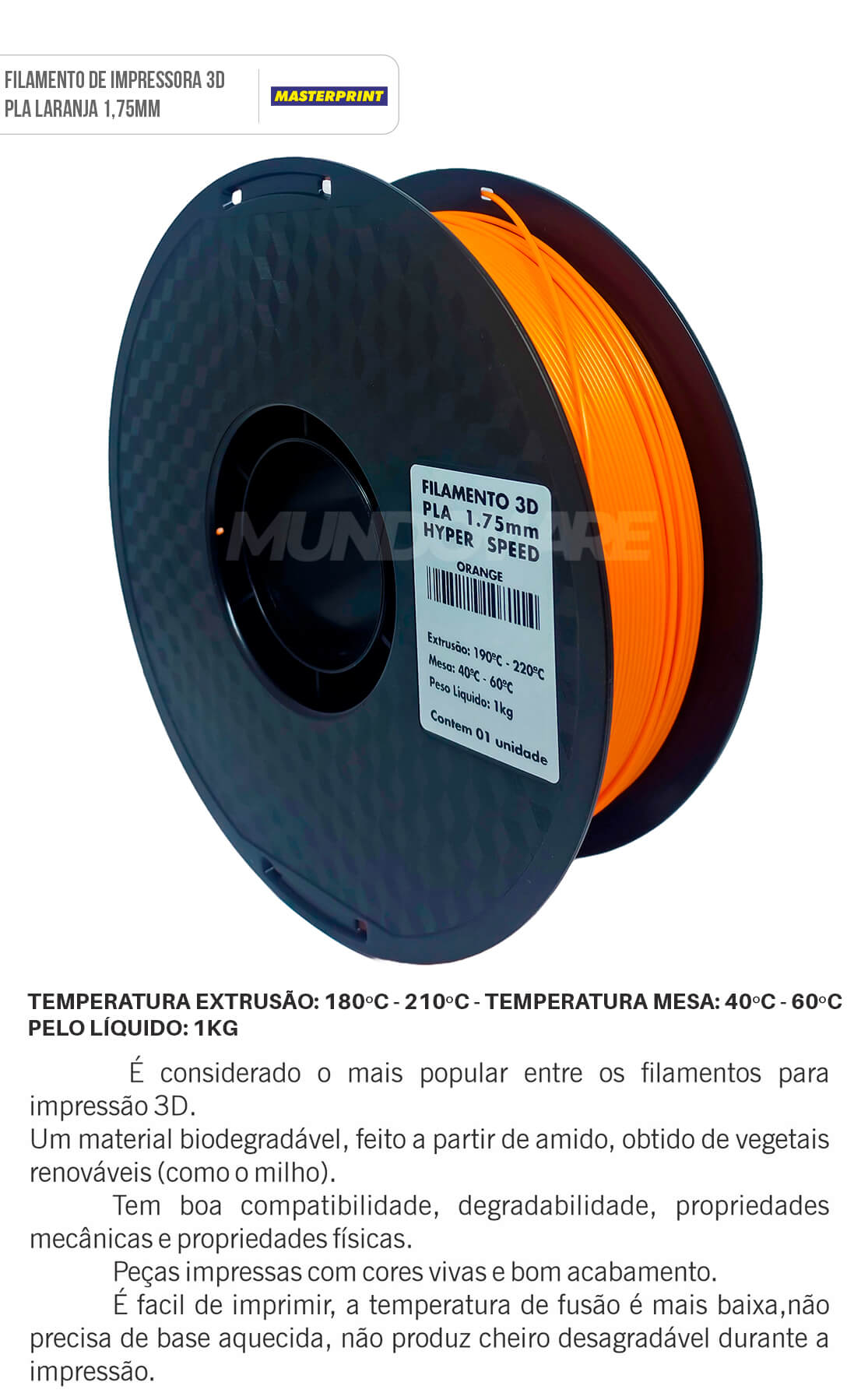 Filamento 3D PLA Laranja 1.75mm Rolo de 1KG Qualidade de Impressão e Bom Acabamento para Impressora 3D Masterprint Filamento PLA 3D Laranja 1.75mm Rolo de 1KG Qualidade de Impressão e Bom Acabamento para Impressora 3D Masterprint