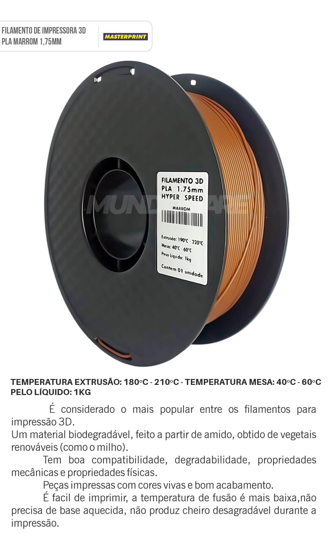 Filamento 3D PLA Marrom 1.75mm Rolo de 1KG Qualidade de Impressão e Bom Acabamento para Impressora 3D Masterprint Filamento PLA Marrom 1.75mm Rolo de 1KG Qualidade de Impressão e Bom Acabamento para Impressora 3D Masterprint