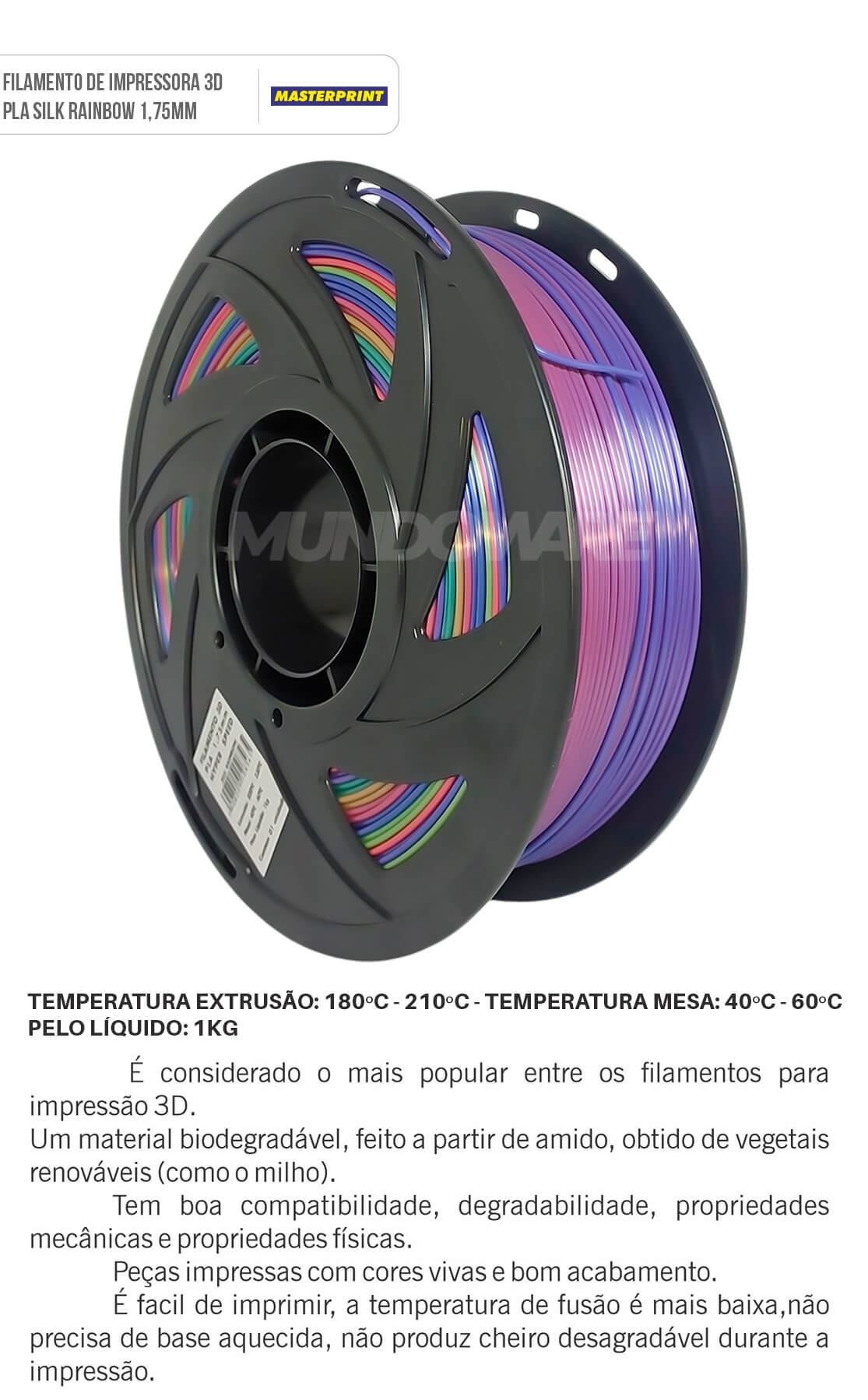 Filamento PLA Silk Rainbow 1.75mm Rolo de 1KG Qualidade de Impressão e Bom Acabamento para Impressora 3D Masterprint Filamento 3D PLA Silk Rainbow 1.75mm Rolo de 1KG Qualidade de Impressão e Bom Acabamento para Impressora 3D Masterprint