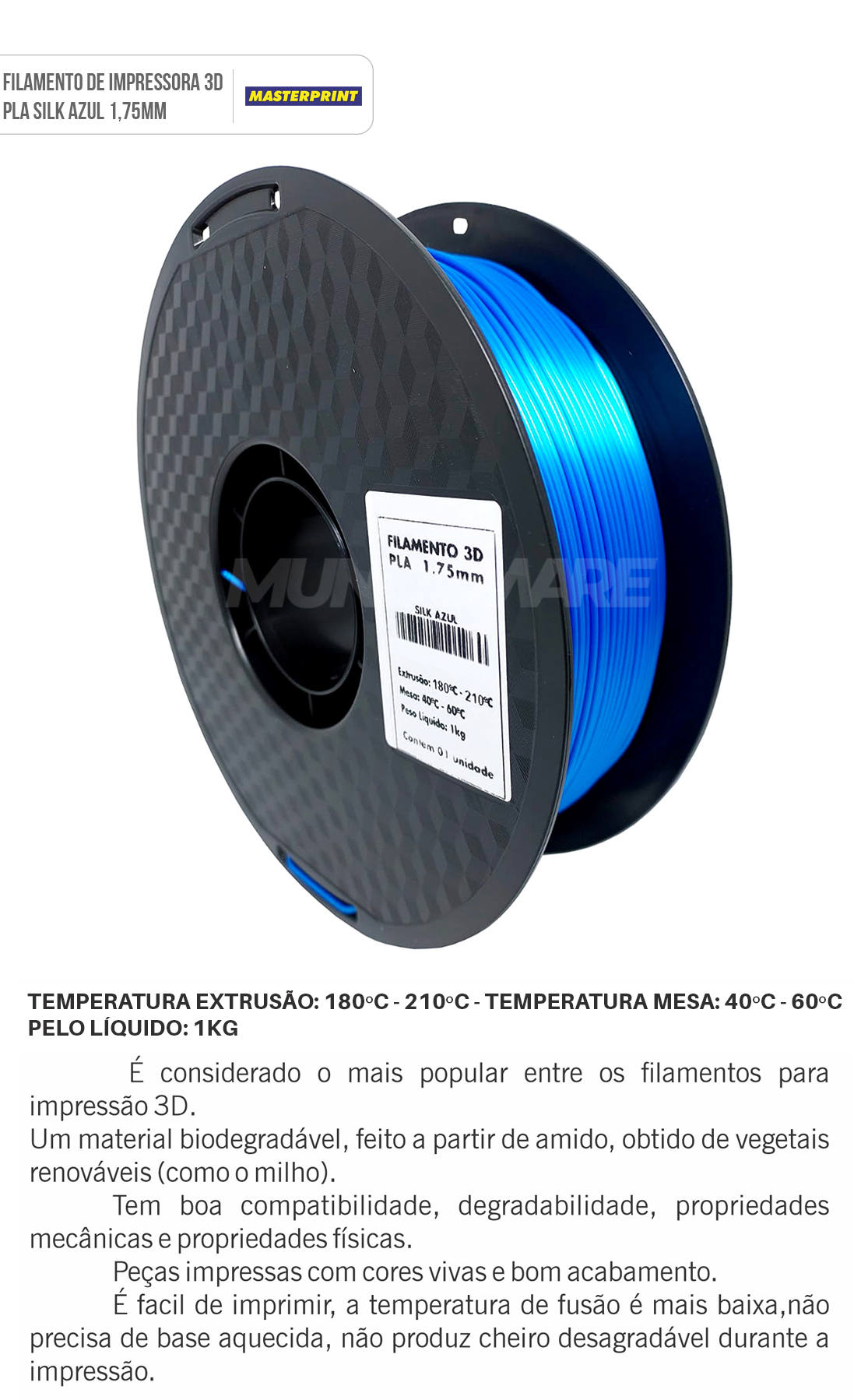 Filamento 3D PLA Silk Azul 1.75mm 1KG para Impressora 3D Cor Brilhante Textura Macia Masterprint