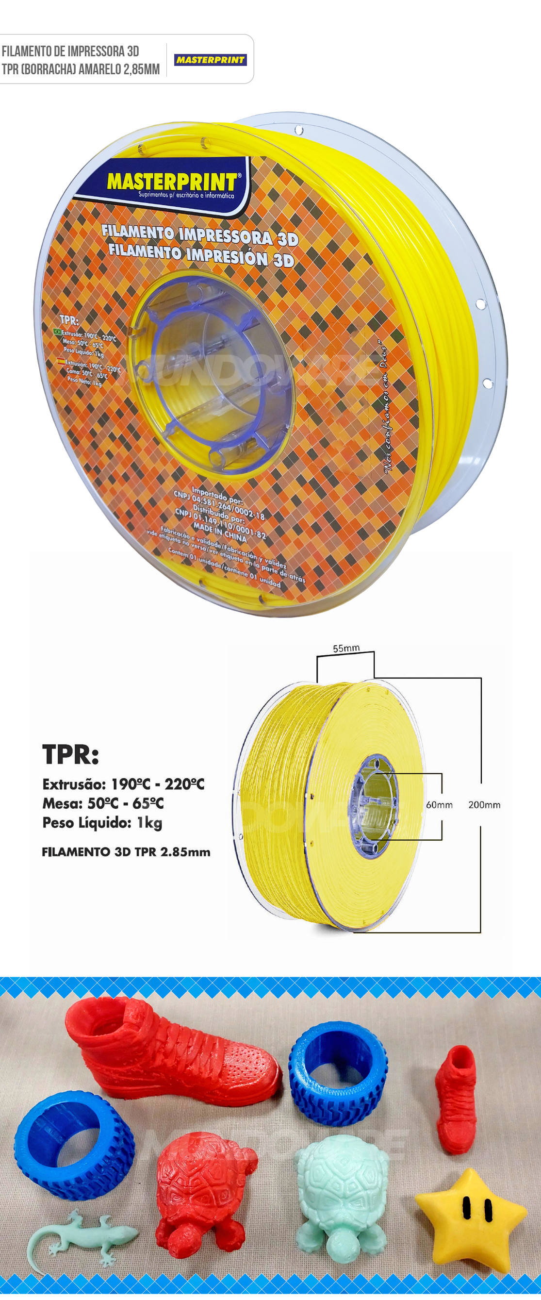 Filamento 3D TPR (Borracha) Amarelo para Impressora 3D com Extrusora de 2.85mm Rolo de 1Kg Masterprint
