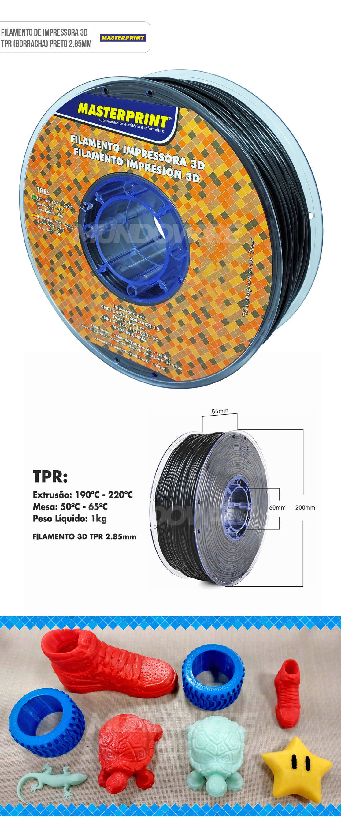 Filamento 3D TPR (Borracha) Preto para Impressora 3D com Extrusora de 2.85mm Rolo de 1Kg Masterprint