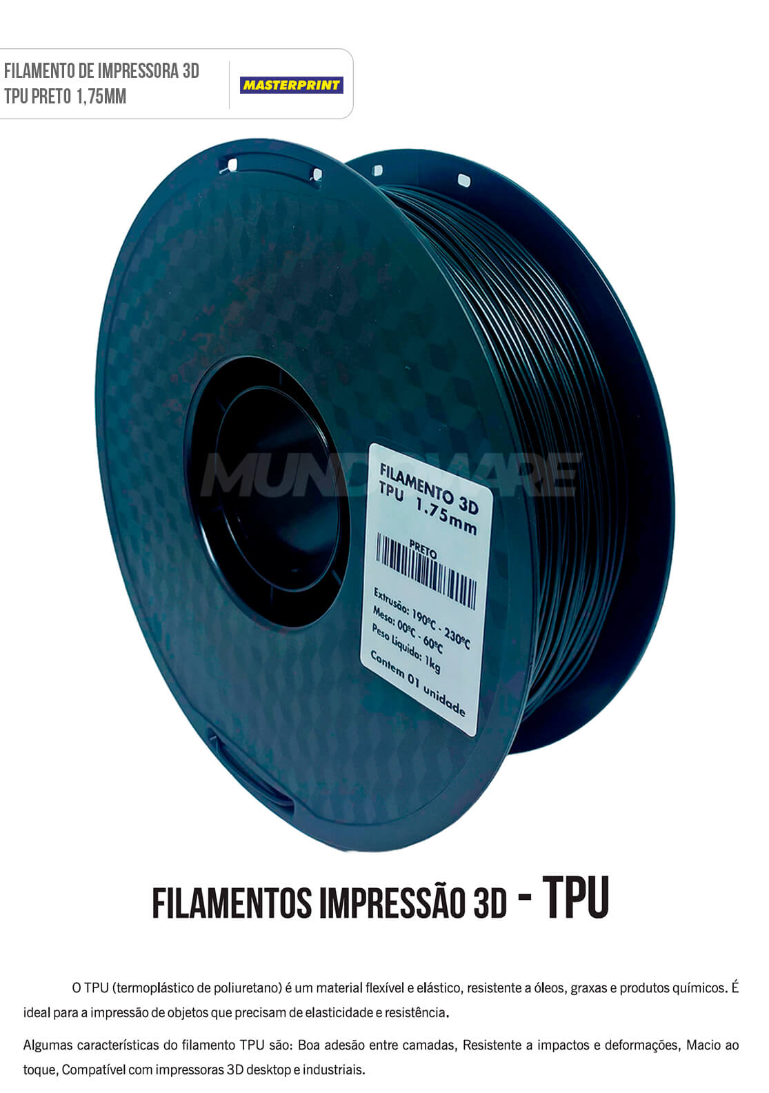 Filamento TPU 3DPreto 1.75mm Rolo de 1KG Elasticidade e Resistência Filamento para Impressora 3D Masterprint Filamento 3D TPU Preto 1.75mm Rolo de 1KG Elasticidade e Resistência Filamento para Impressora 3D Masterprint