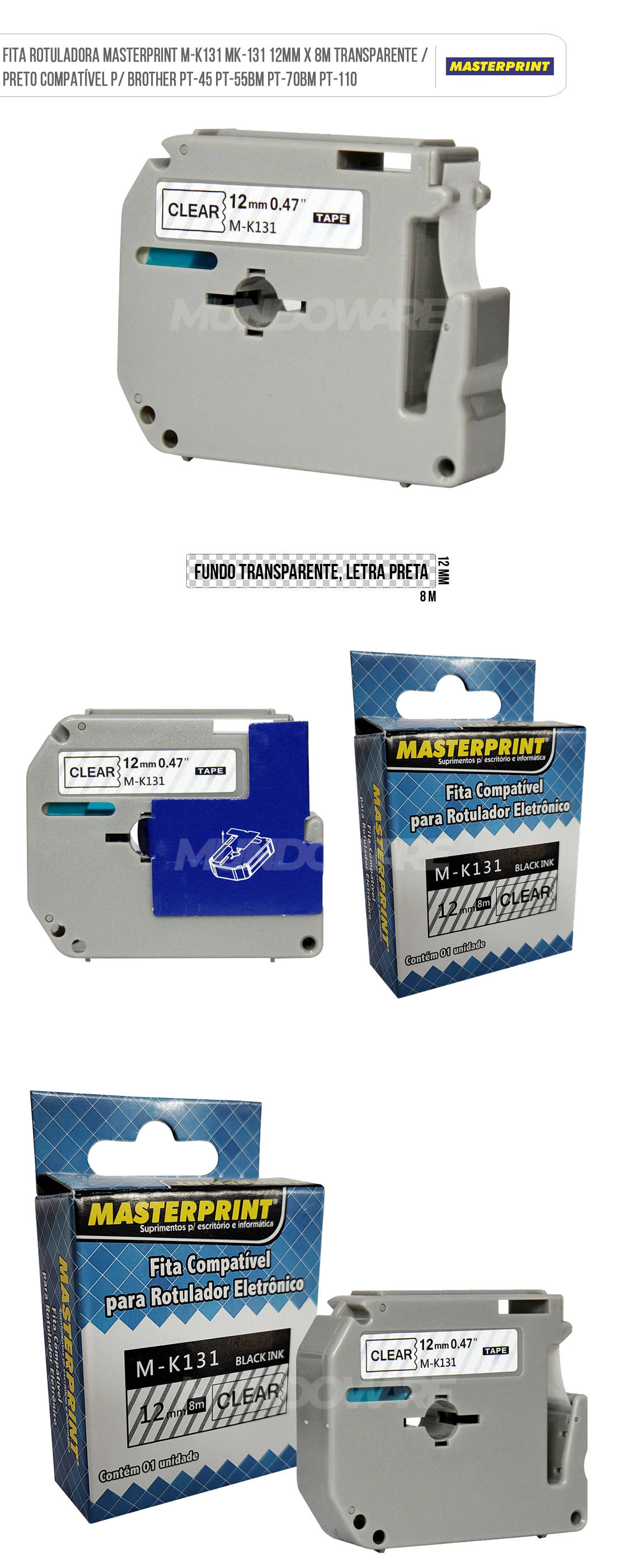 Fita para Rotulador Masterprint M-K131 MK-131 12mm x 8m Transparente/Preto Compatvel para Brother PT-45 PT-55BM PT-70BM