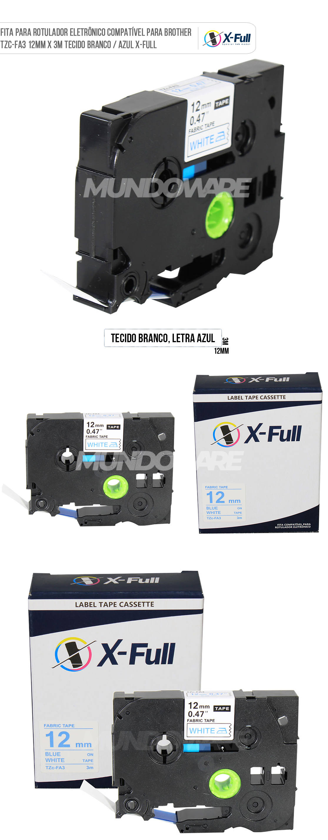 Fita Rotuladora Compatível para Rotulador Eletrônico Brother TZc-FA3 12mm x 3m Tecido Azul sobre Branco X-Full