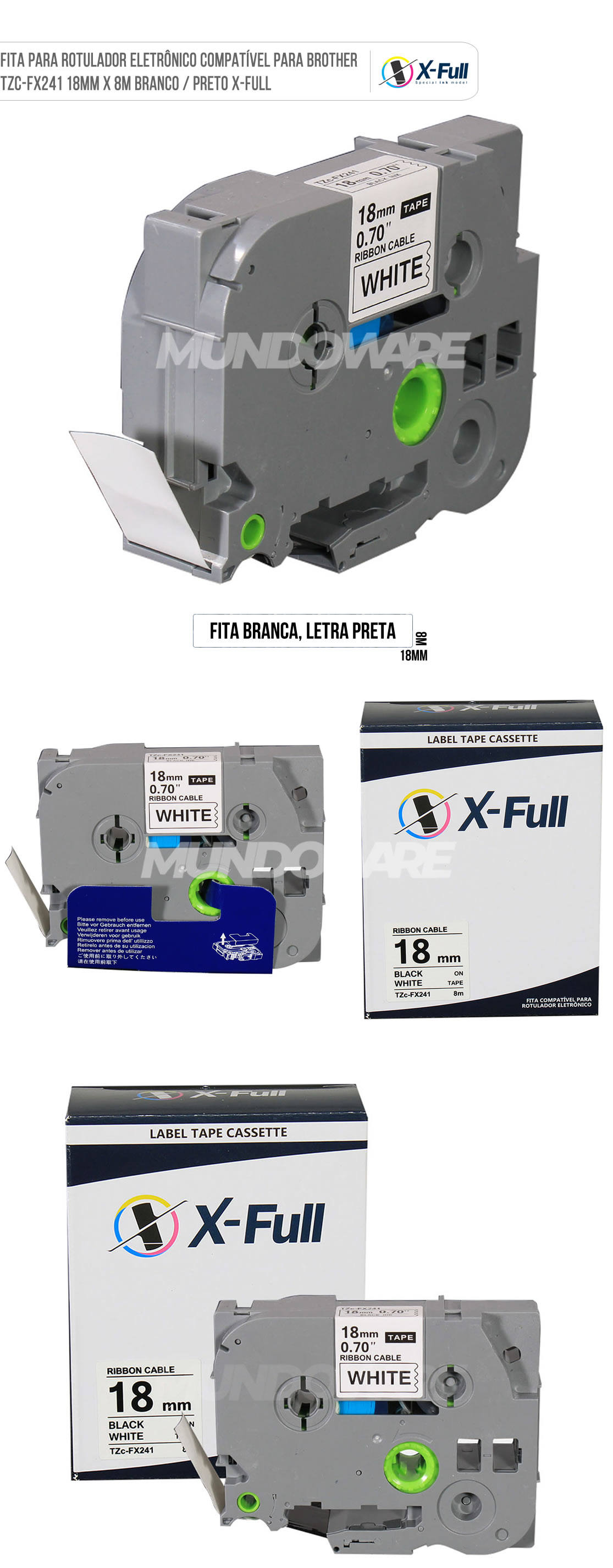 Fita Rotuladora Compatível para Rotulador Eletrônico Brother TZc-FX241 18mm x 8m Preto sobre Branco X-Full