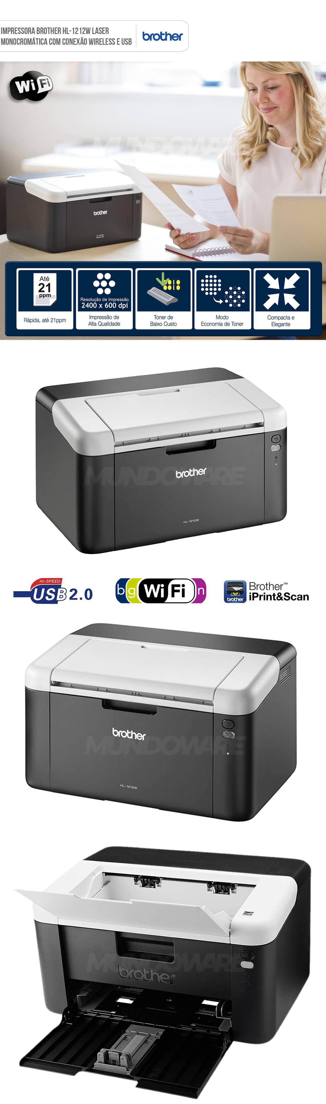 Impressora Brother HL-1212W Laser Monocromática com Conexão Wireless e USB 110V HL1212W