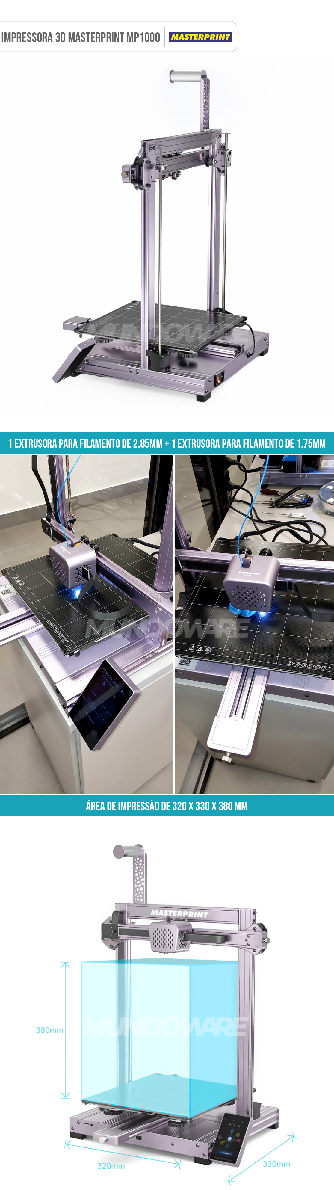 Impressora 3D Masterprint MP1000 com 1 extrusora para filamento de 2.85mm e 1 extrusora para filamento de 1.75mm
