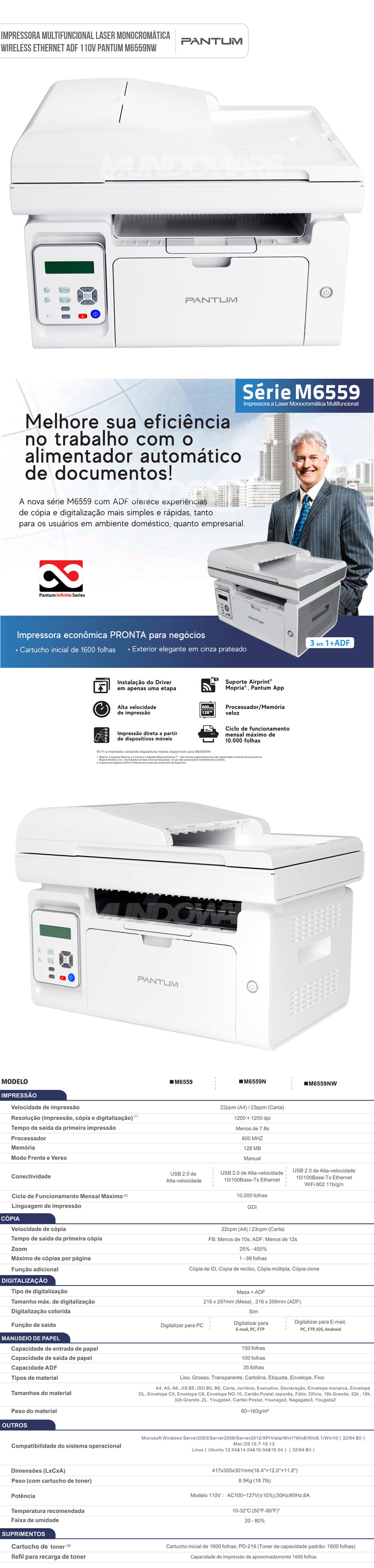 Impressora Multifuncional Laser Mono Pantum M6559NW com ADF Conexo Wireless USB Ethernet 110V