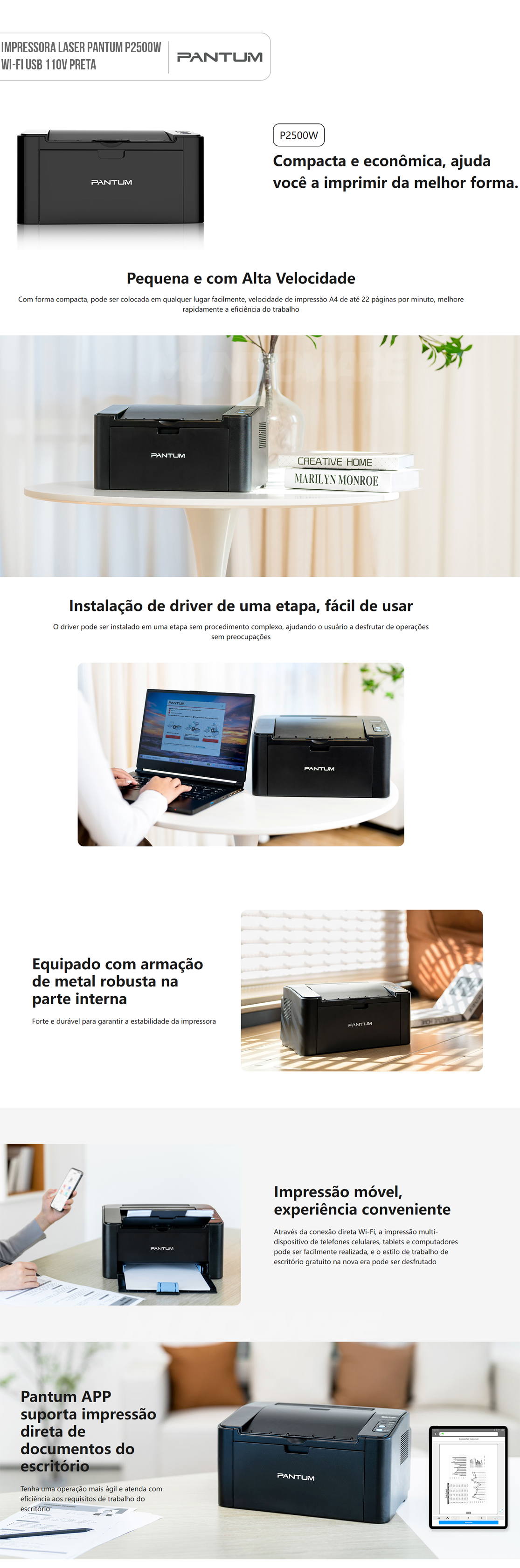 Impressora Laser Pantum P2500W P2500 Wi-Fi USB Monocromática 110V Preta