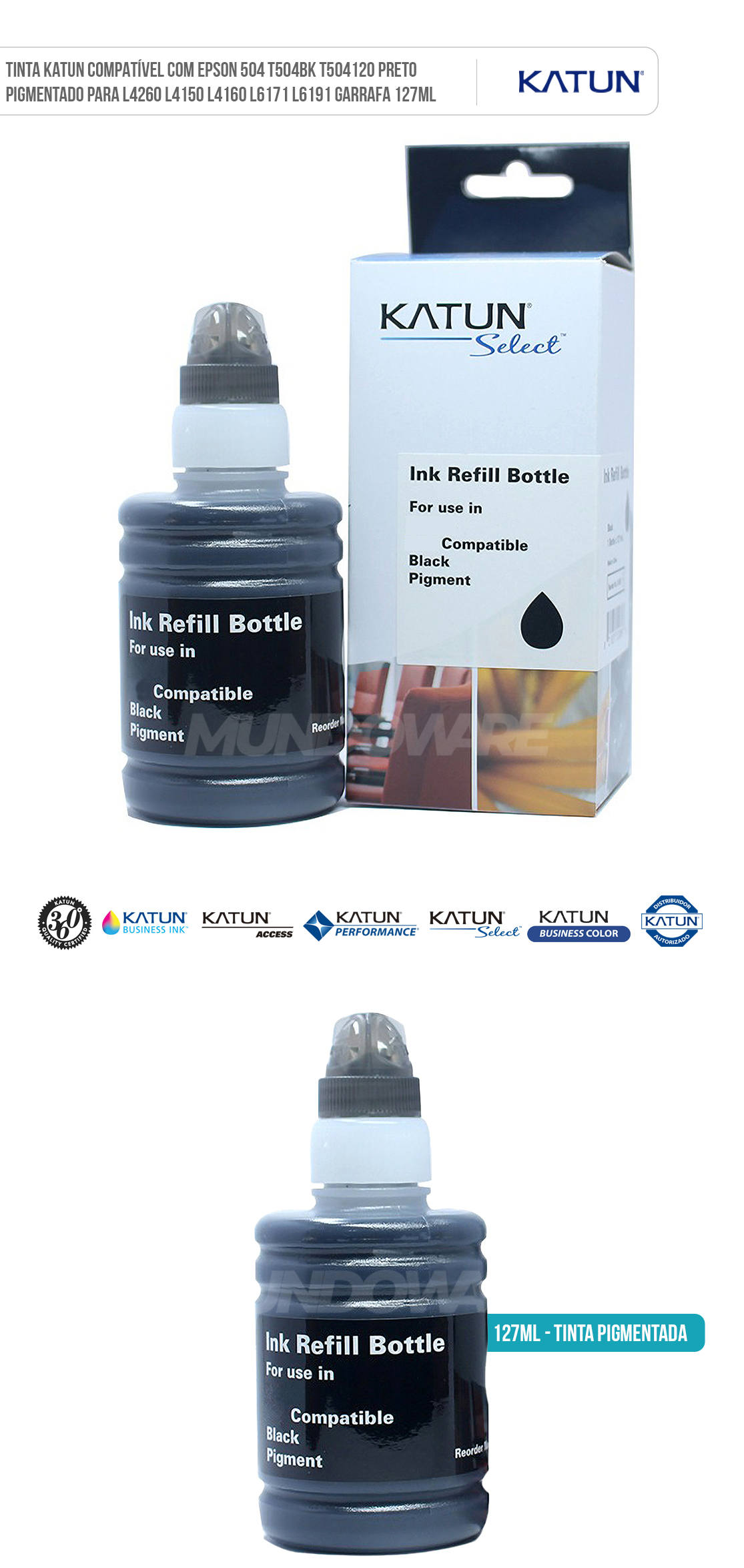 Tinta Katun Compatível com Epson 504 T504BK T504120 Preto Pigmentado para L4260 L4150 L4160 L6171 L6191 Garrafa 127ml Garrafa de Tinta Katun Compatível com Epson 504 T504BK T504120 Preto Pigmentado para L4260 L4150 L4160 L6171 L6191 Refil de 127ml