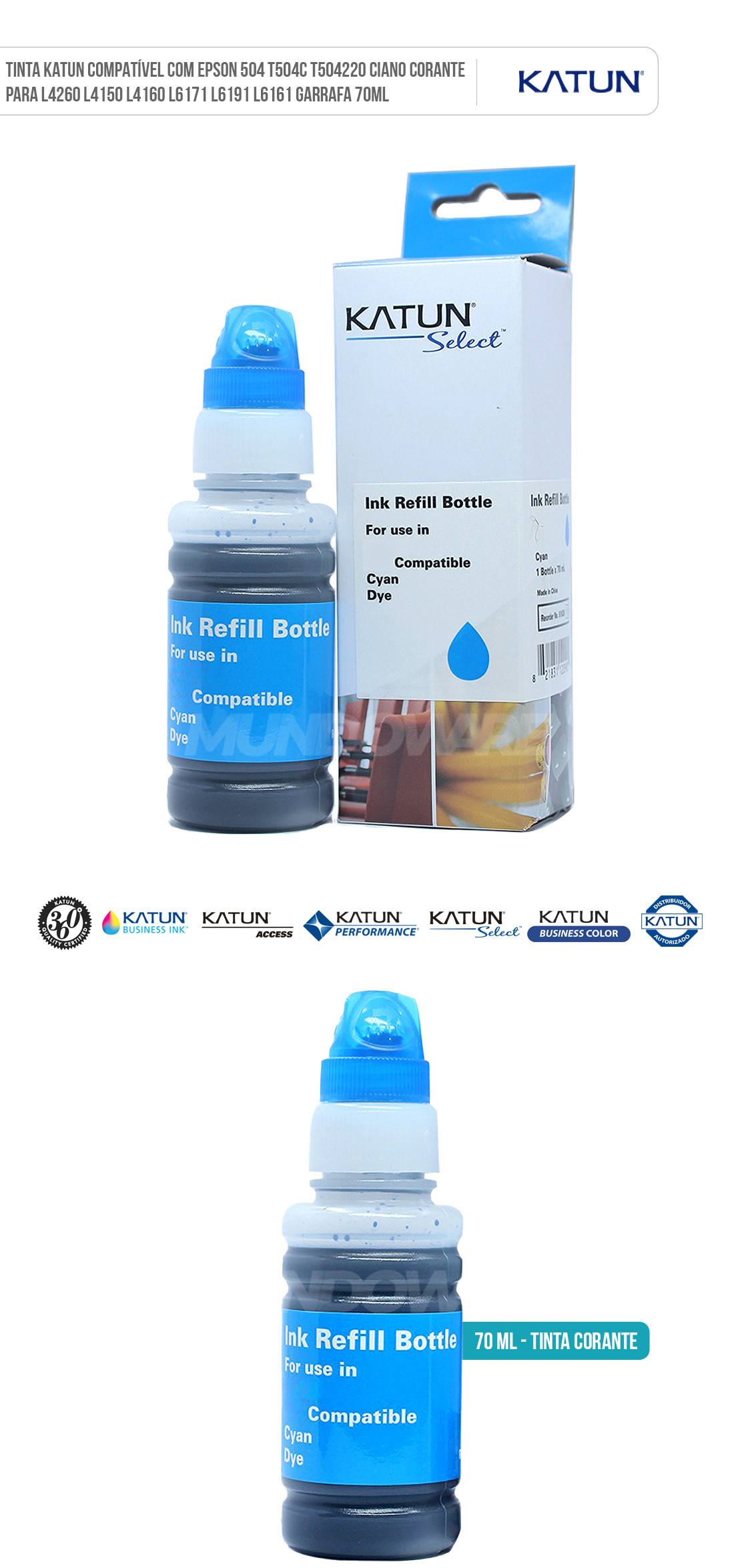 Tinta Katun Compatível com Epson 504 T504C T504220 Ciano Corante para L4260 L4150 L4160 L6171 L6191 L6161 Garrafa 70ml Garrafa de Tinta Katun Compatível com Epson 504 T504C T504220 Ciano Corante para L4260 L4150 L4160 L6171 L6191 L6161 Refil 70ml