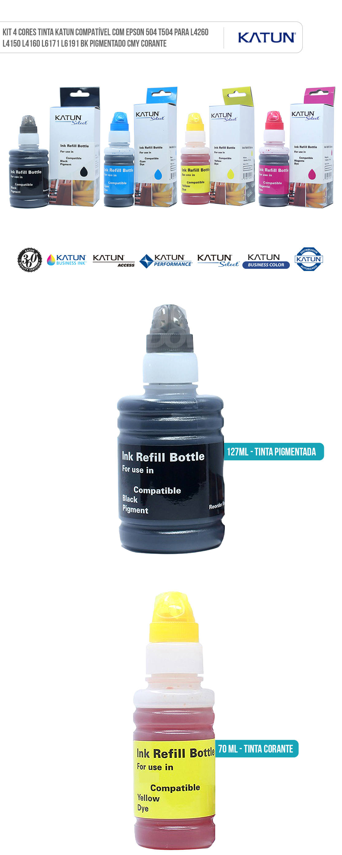 Kit 4 Cores Tinta Katun Compatível com Epson 504 T504 para L4260 L4150 L4160 L6171 L6191 BK Pigmentado CMY Corante Kit Colorido Tinta Katun Compatível com Epson 504 T504 para L4260 L4150 L4160 L6171 L6191 BK Pigmentado CMY Corante