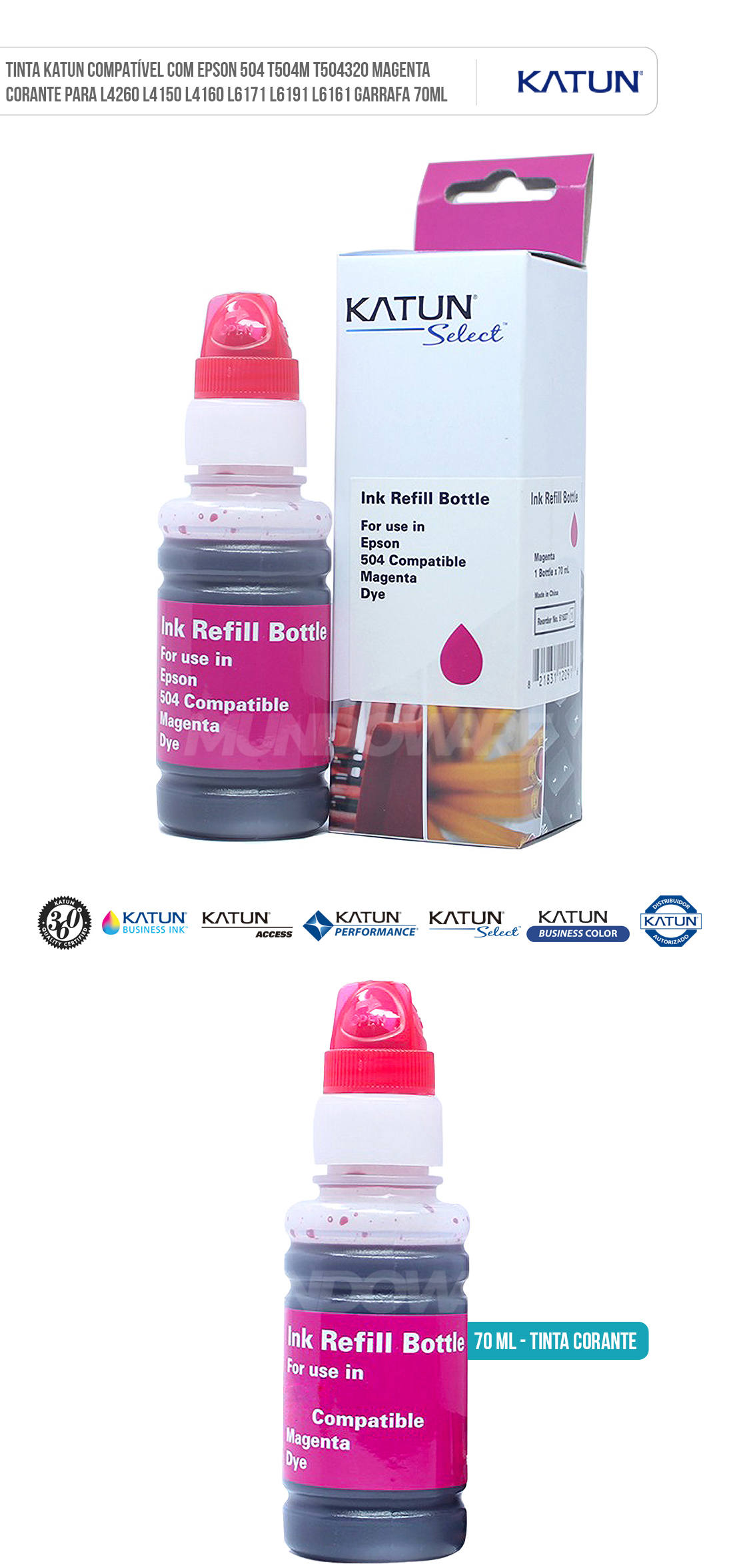 Tinta Katun Compatível com Epson 504 T504M T504320 Magenta Corante para L4260 L4150 L4160 L6171 L6191 L6161 Garrafa 70ml Garrafa de Tinta Katun Compatível com Epson 504 T504M T504320 Magenta Corante para L4260 L4150 L4160 L6171 L6191 L6161 Refil 70ml
