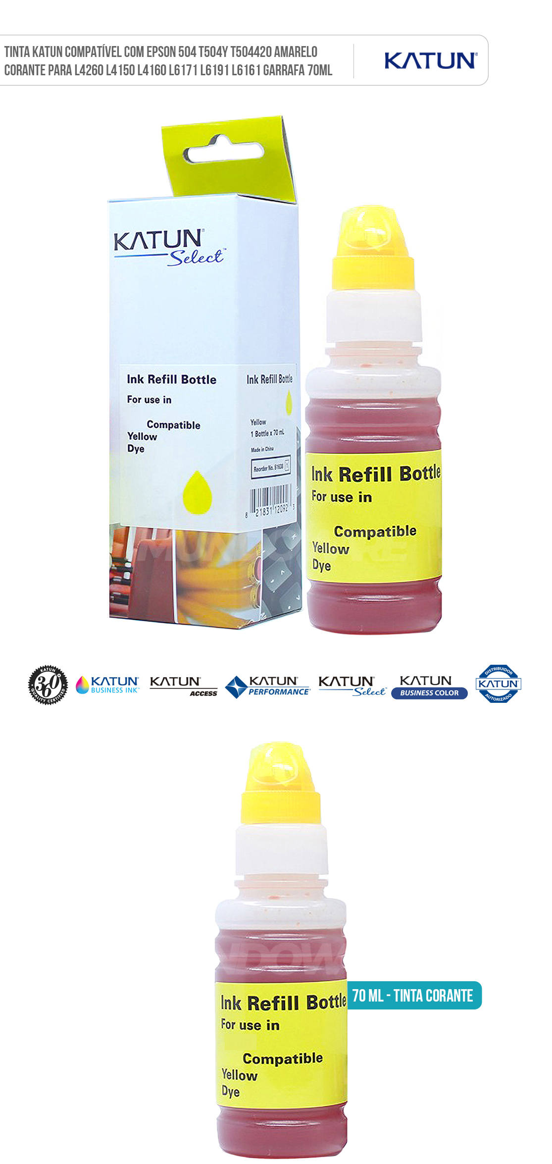 Tinta Katun Compatível com Epson 504 T504Y T504420 Amarelo Corante para L4260 L4150 L4160 L6171 L6191 L6161 Garrafa 70ml Garrafa de Tinta Katun Compatível com Epson 504 T504Y T504420 Amarelo Corante para L4260 L4150 L4160 L6171 L6191 L6161 Refil 70ml