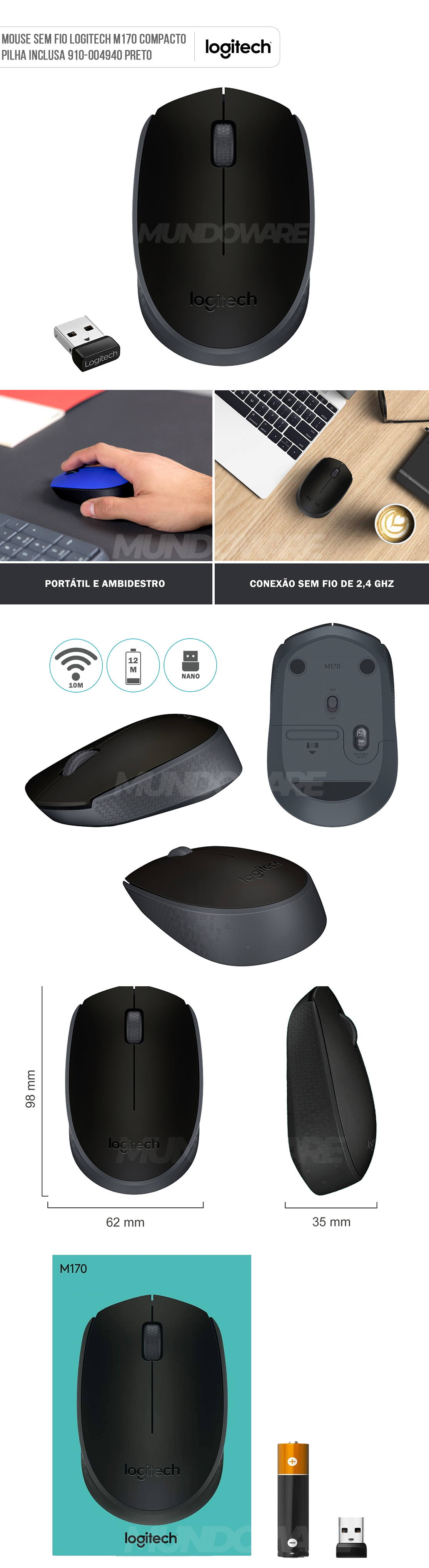 Mouse sem fio Logitech M170 Compacto Pilha Inclusa 910-004940 Wireless Preto