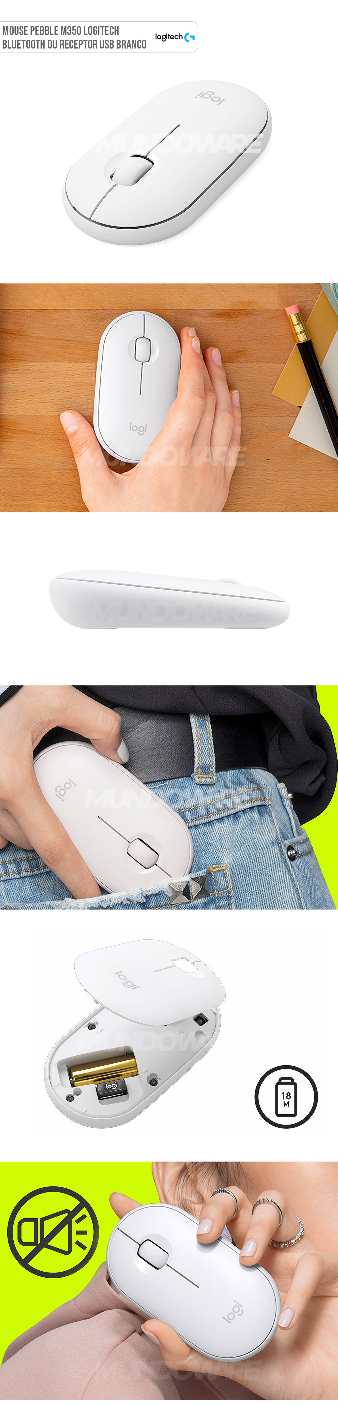 Mouse Logitech Pebble M350 Sem Fio USB ou Bluetooth Silencioso Minimalista Pilha Inclusa Branco 910-005770