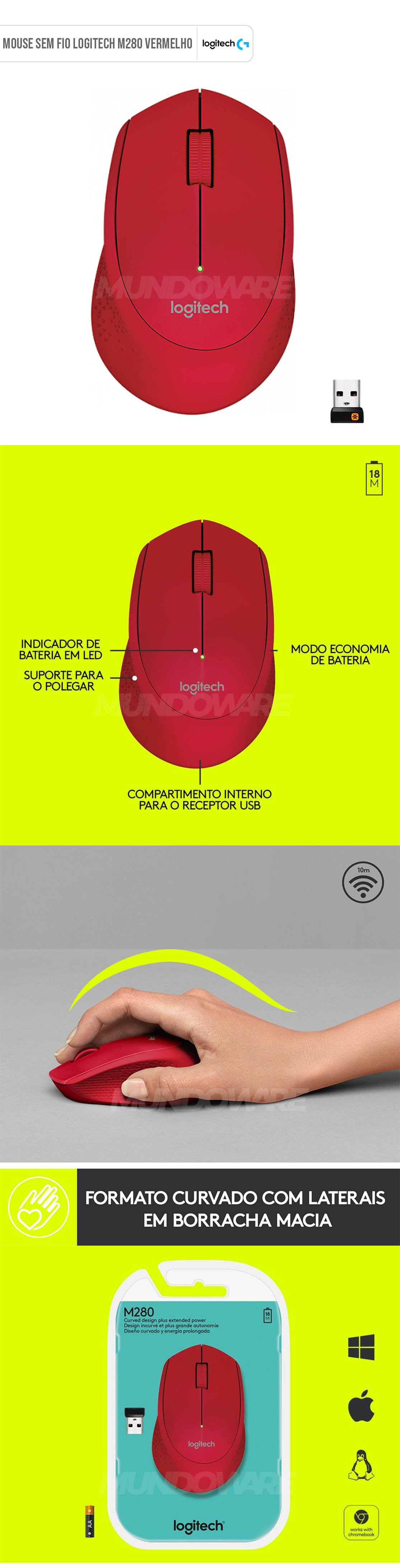 Mouse Sem Fio Logitech M280 Vermelho Conexão USB Suporte para Polegar Pilha Inclusa 910-004286