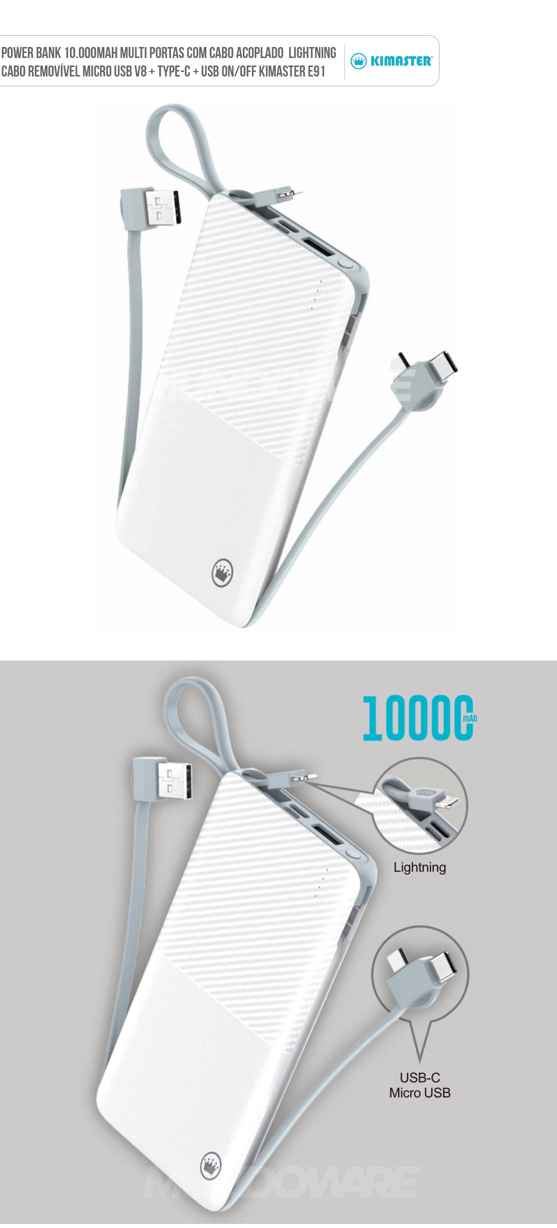 Carregador Portátil Power Bank 10000mAh cabo acoplado Lightning + cabo removível USB-C/Micro USB/USB Kimaster E91